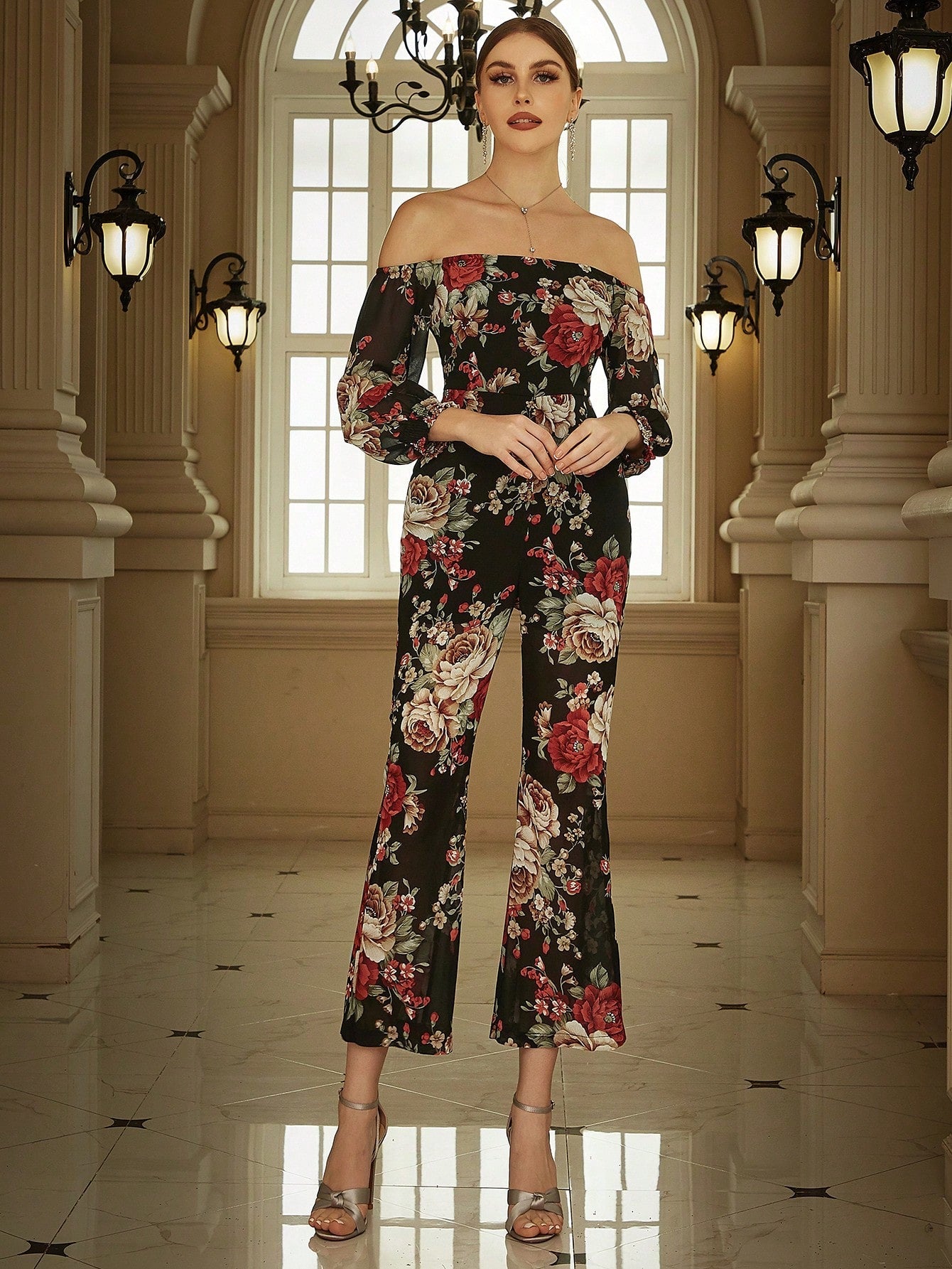 Eilly Bazar Floral Print Off Shoulder Ruffle Trim Flare Leg Chiffon Jumpsuit