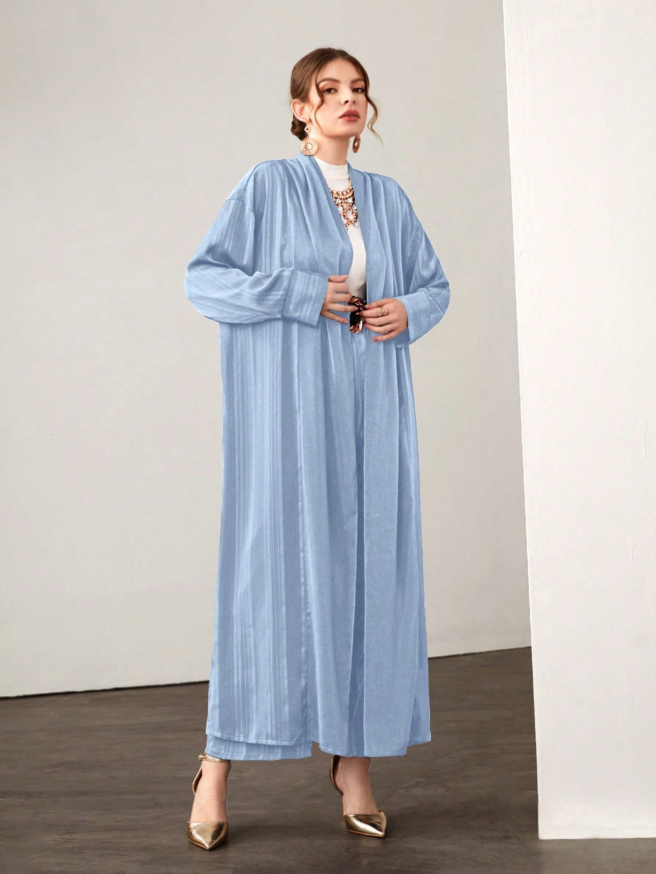 Najma Solid Open Front Abaya & Pants Without Belt