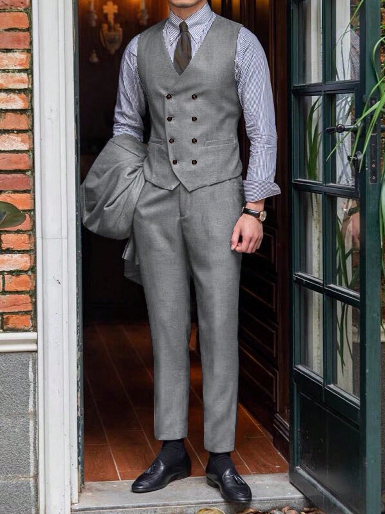 Manfinity Mode Men Double Breasted Waistcoat & Suit Pants Without Shirt