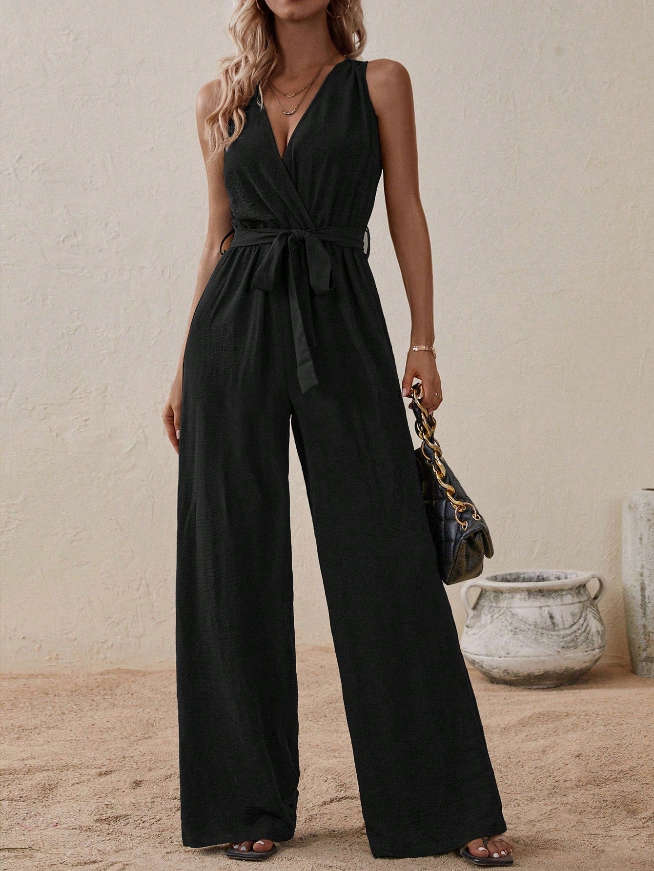 LUNE Solid Belted Wide Leg Jumpsuit