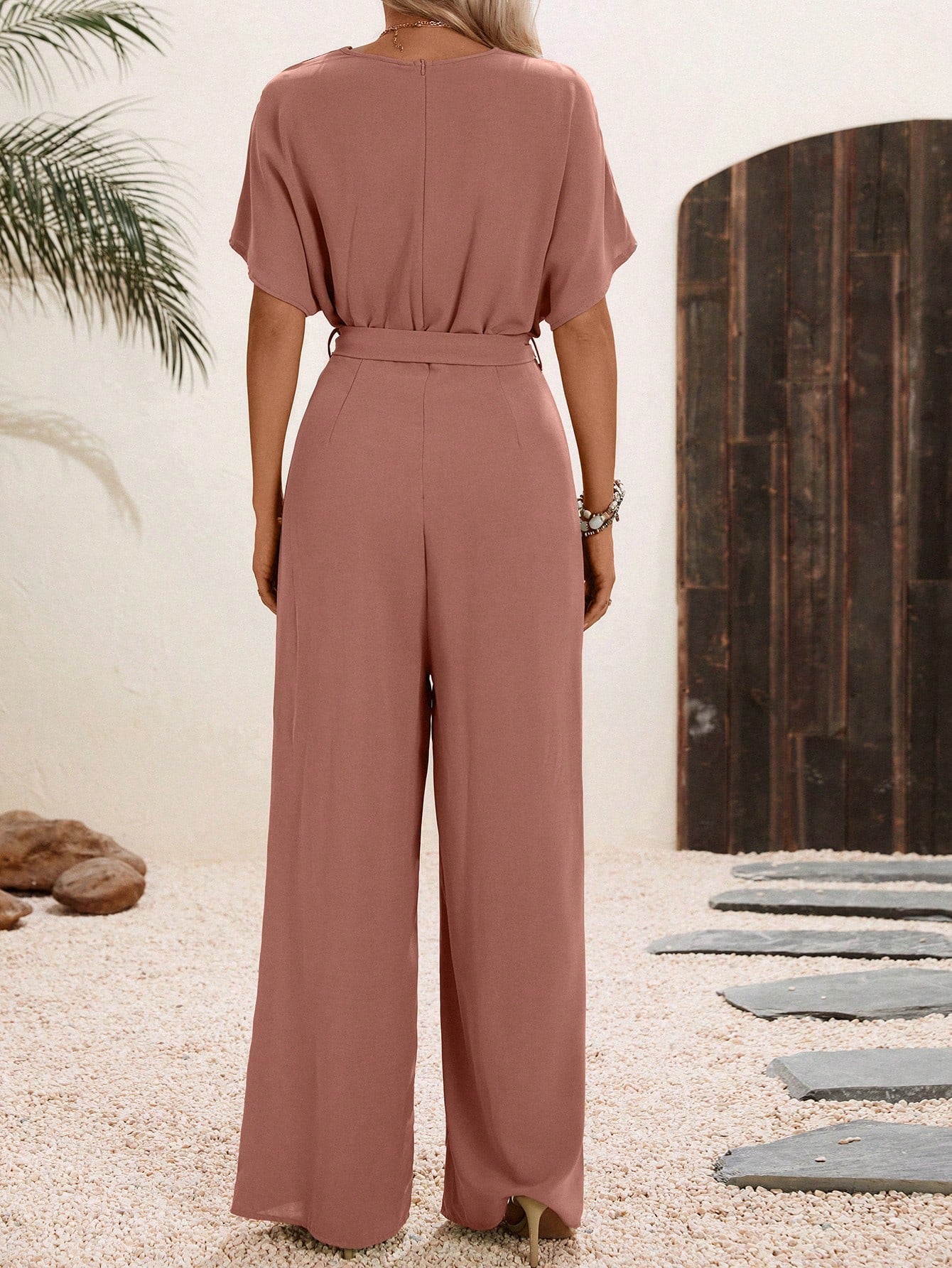 LUNE Solid Belted Wide Leg Wrap Detail Jumpsuit