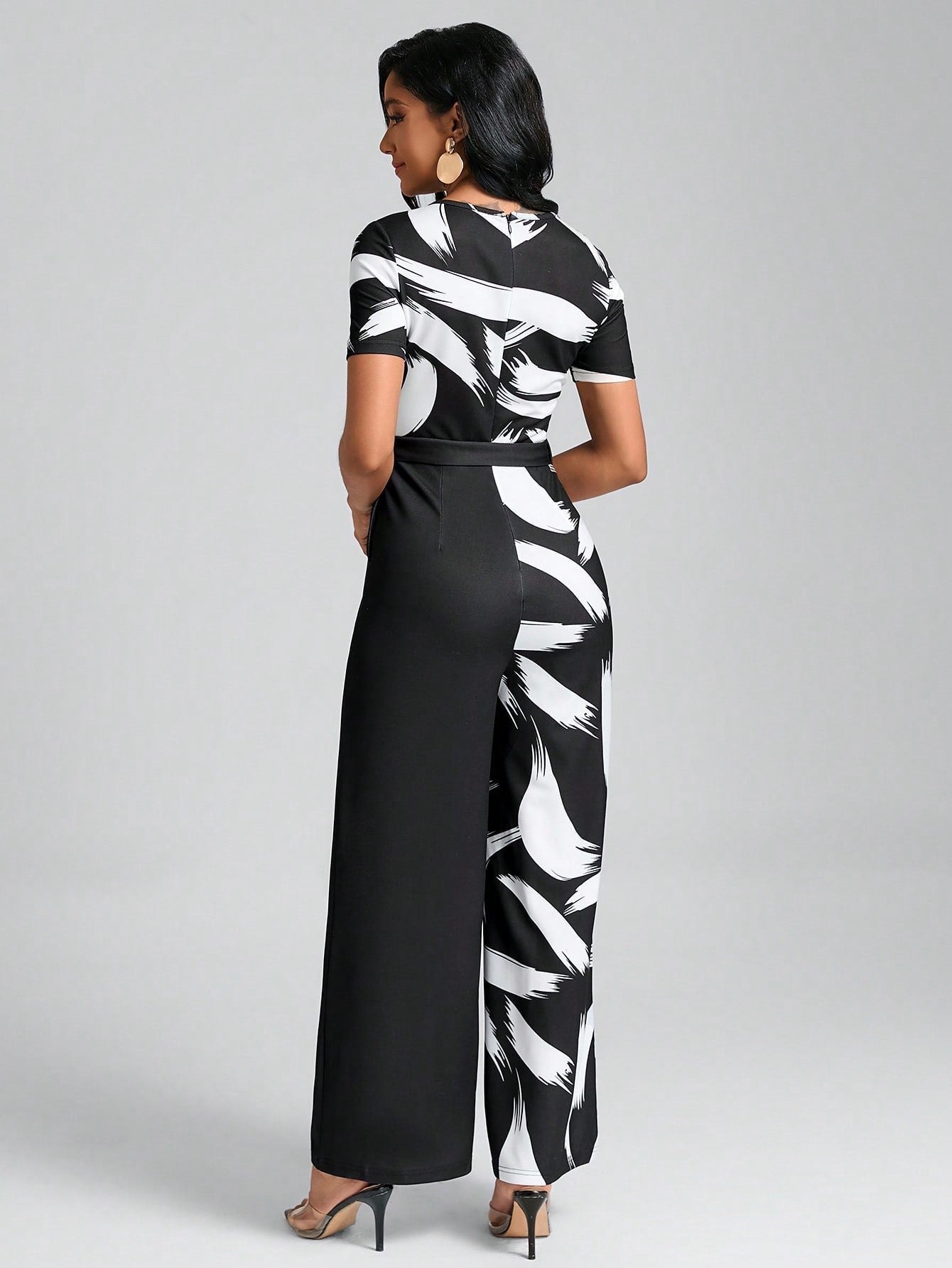 Clasi Brush Print Belted Wide Leg Jumpsuit