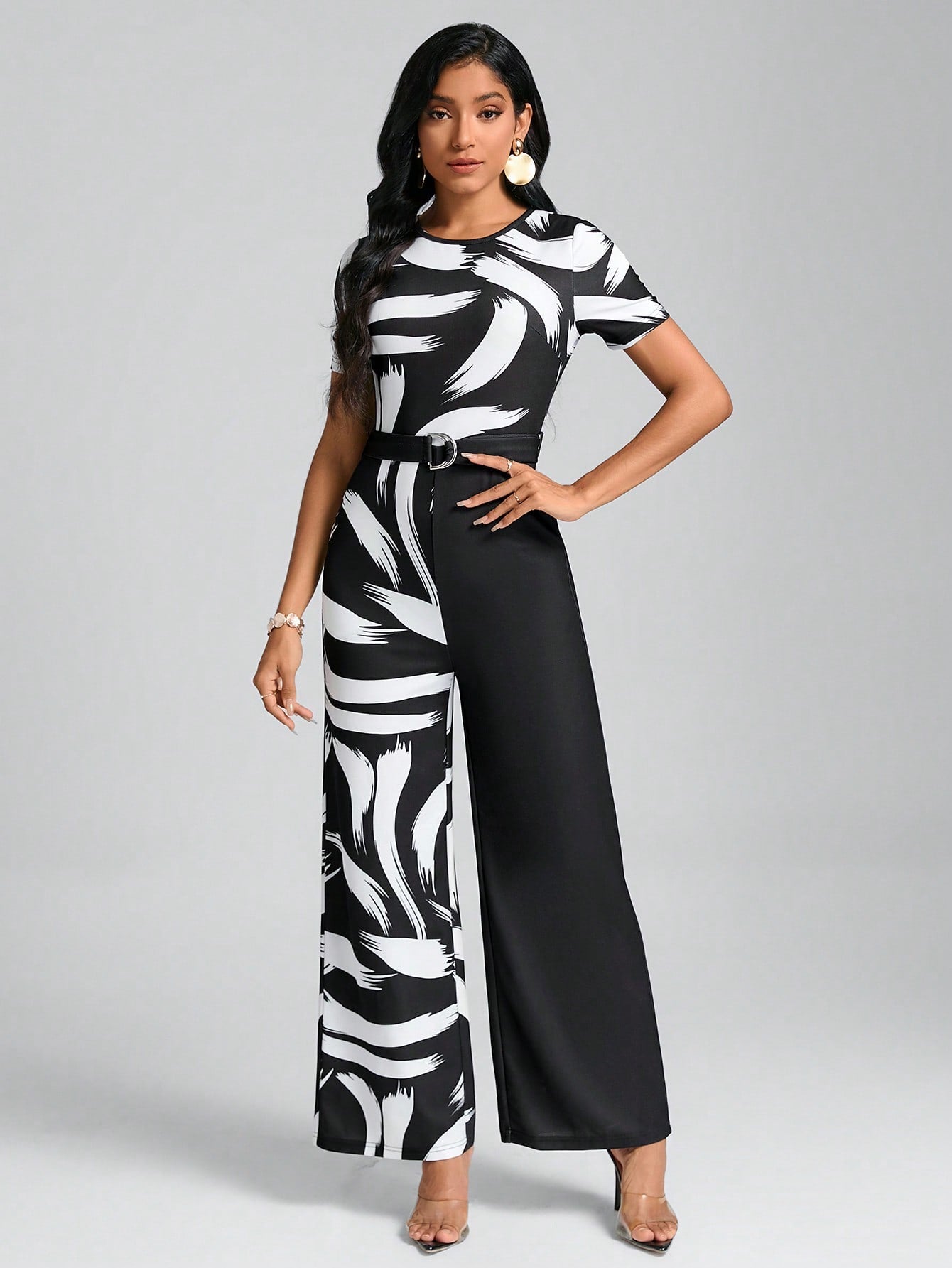 Clasi Brush Print Belted Wide Leg Jumpsuit