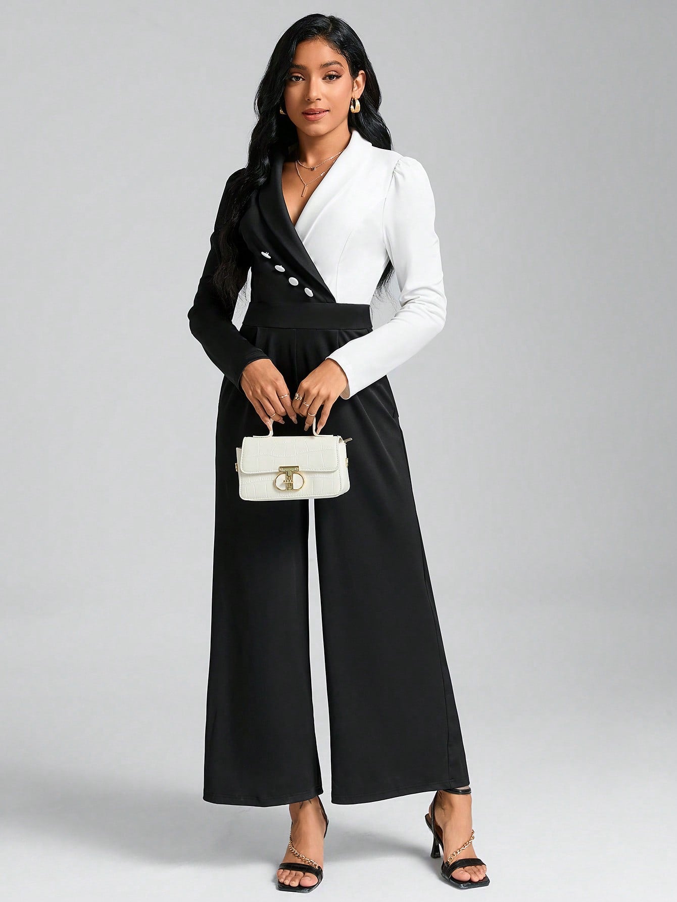 Clasi Two Tone Shawl Collar Wide Leg Jumpsuit