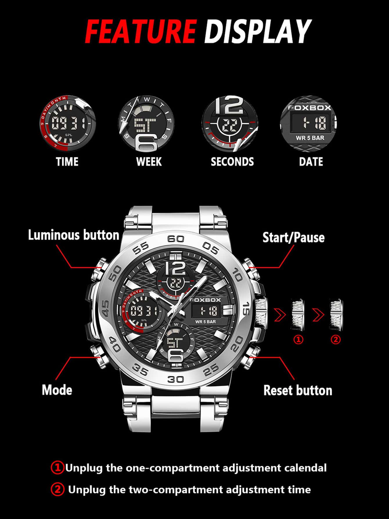 Fb0033 Fashion Round Dial Dual Display Men's Electronic Watch