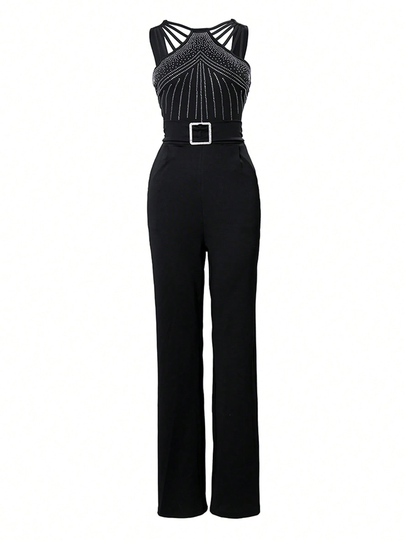 Rhinestone Detail Slant Pocket Jumpsuit Without Belt