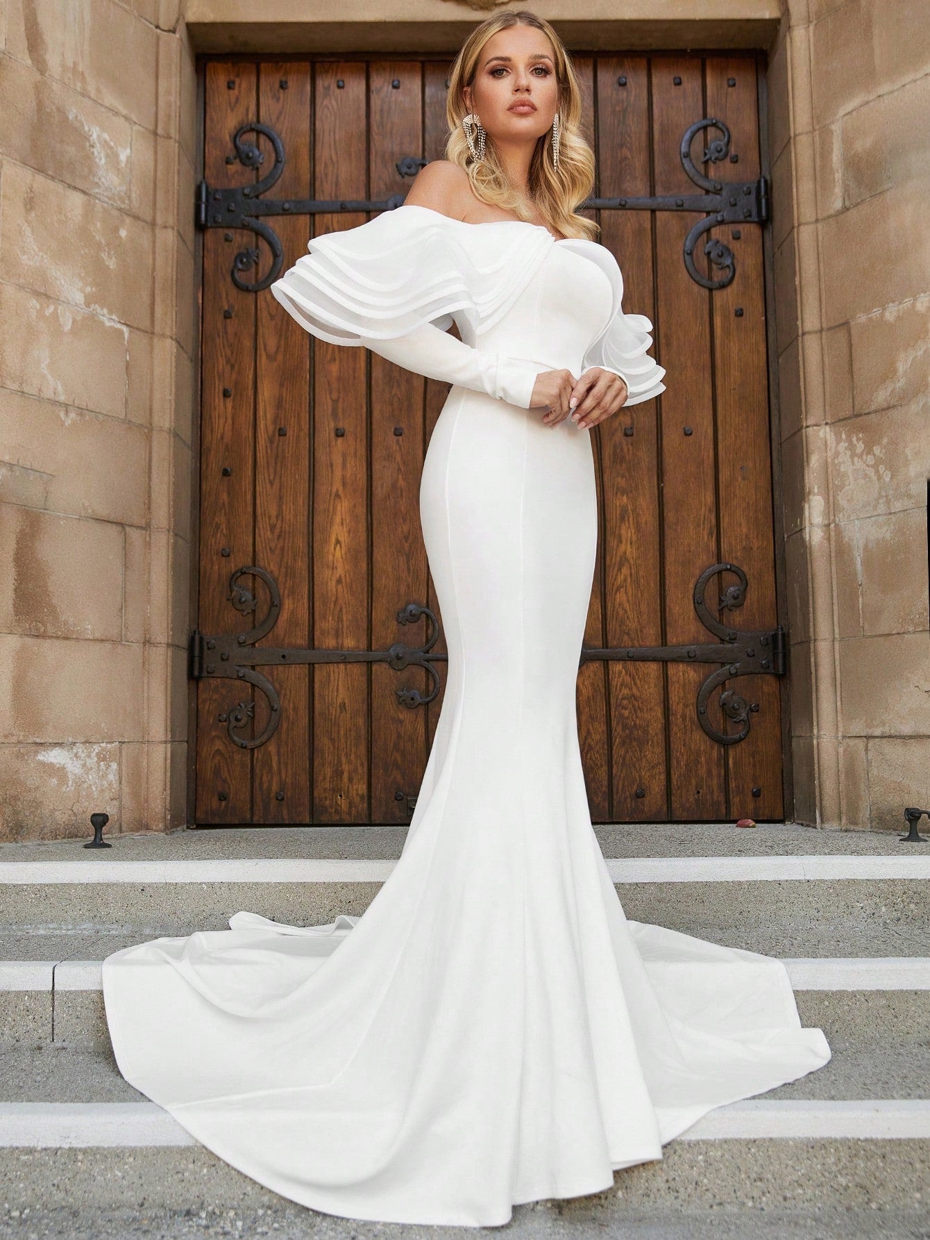 Off Shoulder Ruffle Trim Floor Length Wedding Dress