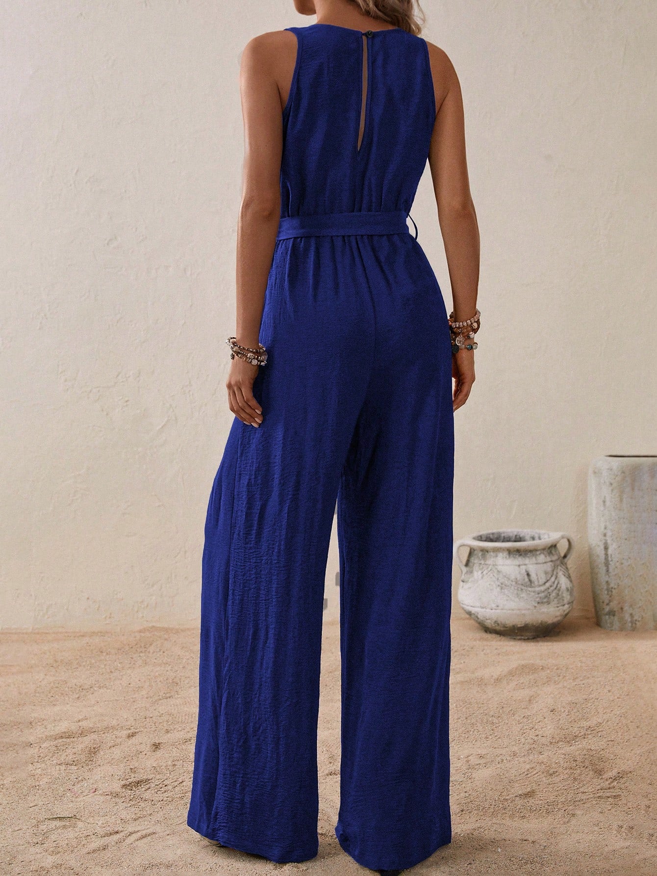 LUNE Solid Belted Wide Leg Jumpsuit