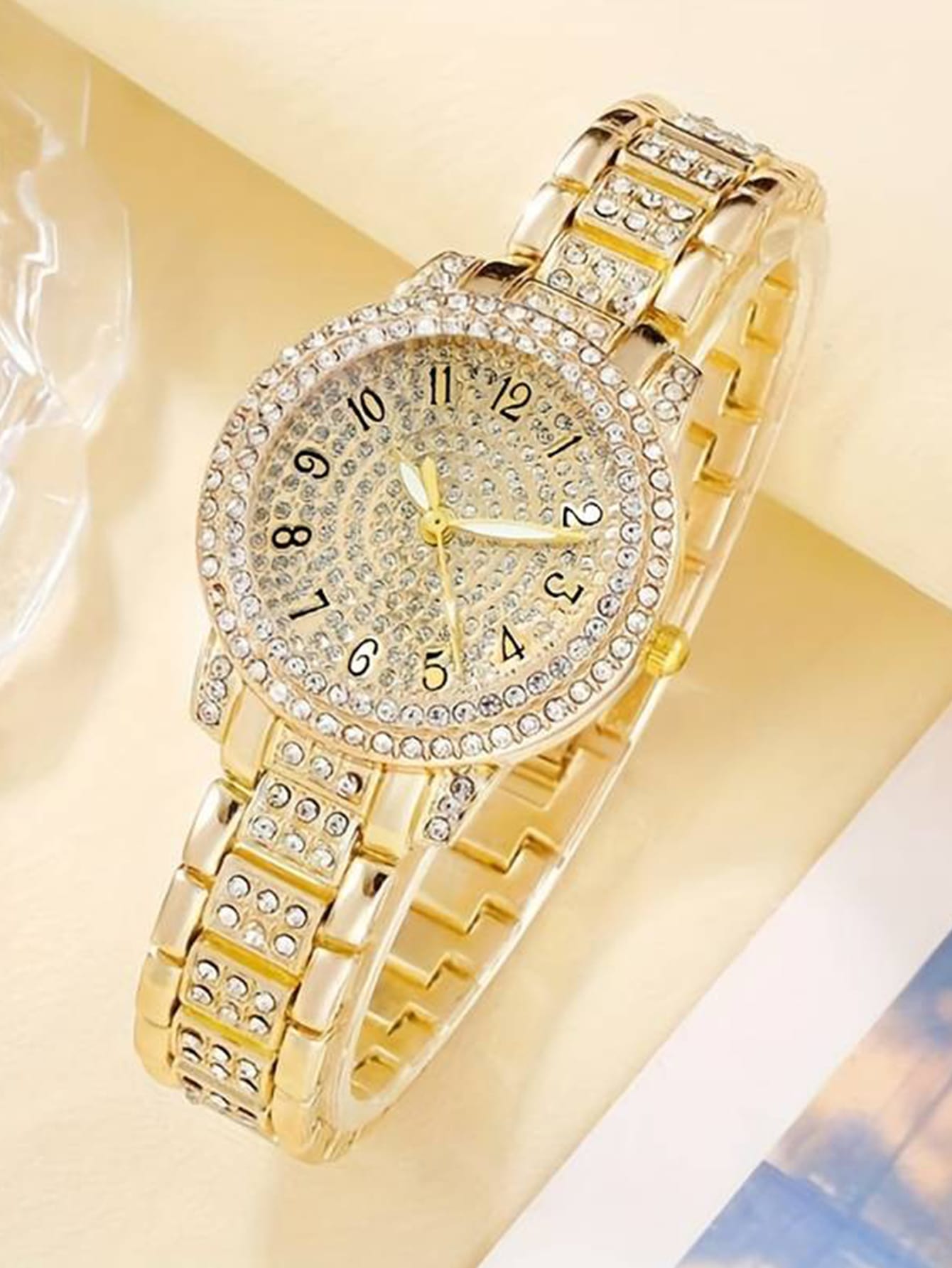 6pcs Luxury Diamond Full Drilled Steel Belt Women'S Quartz Watch + Inlaid Diamond Bracelet + Necklace + Earrings + Ring Set