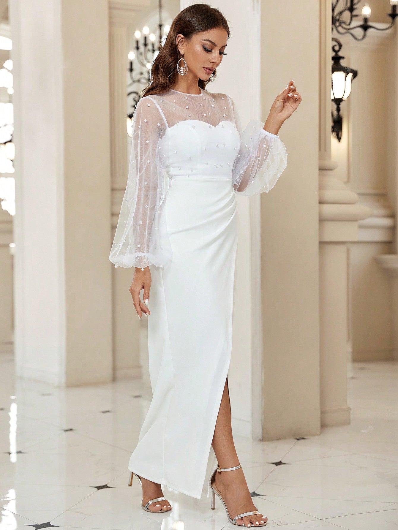 Belle Contrast Mesh Lantern Sleeve Wrap Hem Wedding Dress