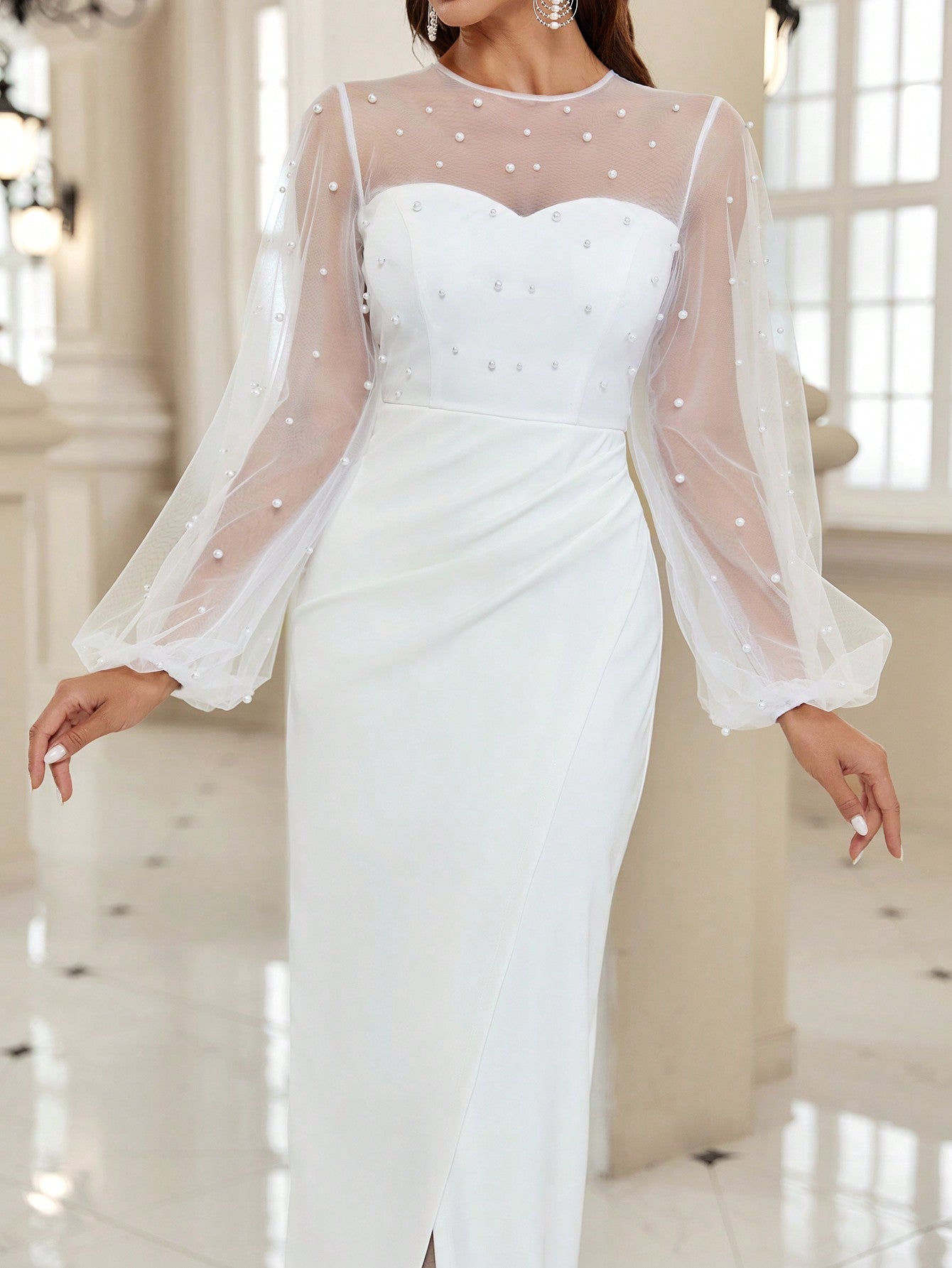 Belle Contrast Mesh Lantern Sleeve Wrap Hem Wedding Dress