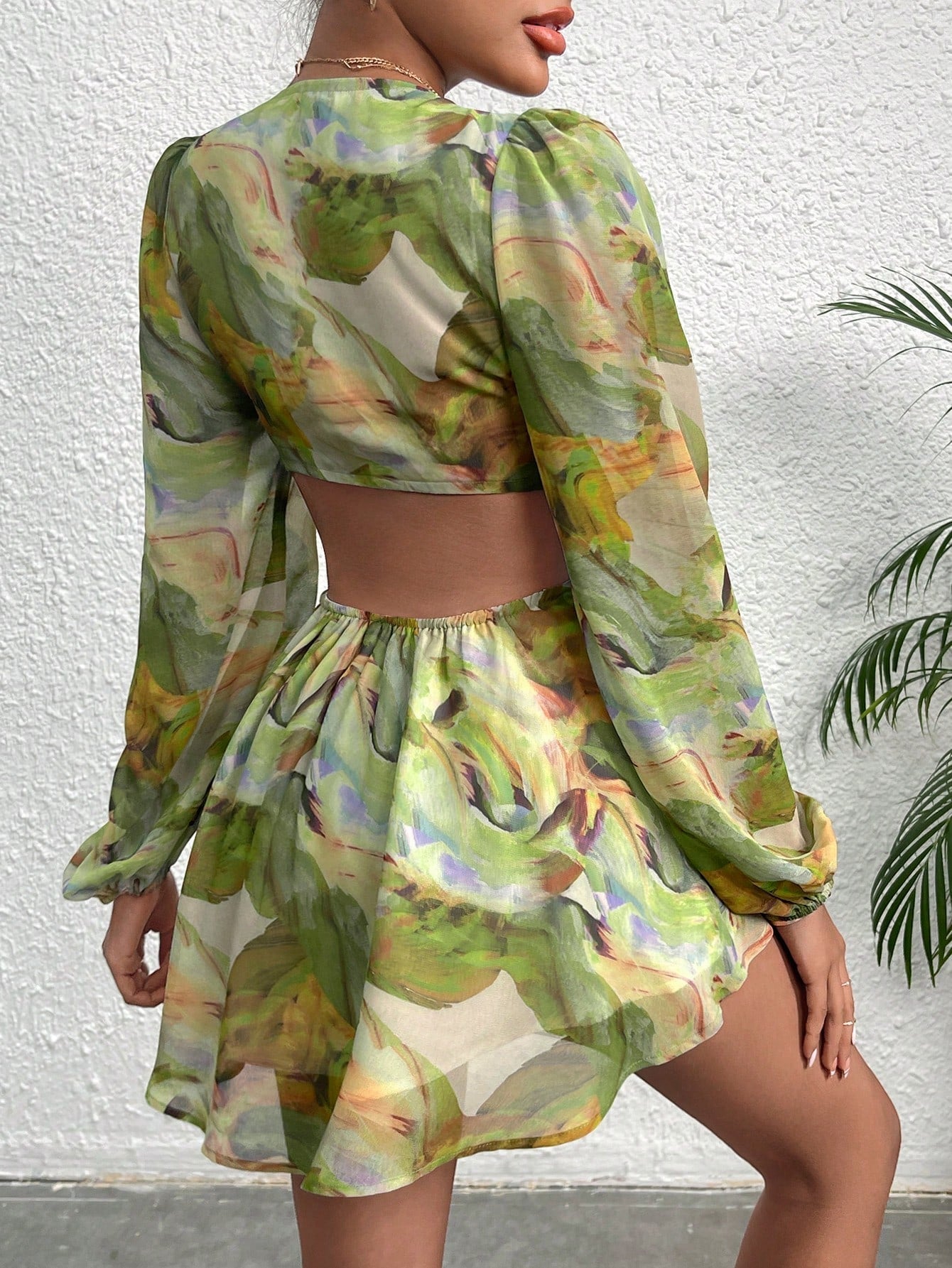 VCAY Lantern Sleeve V Neck Knot Cutout Waist Floral Print Chiffon Romper