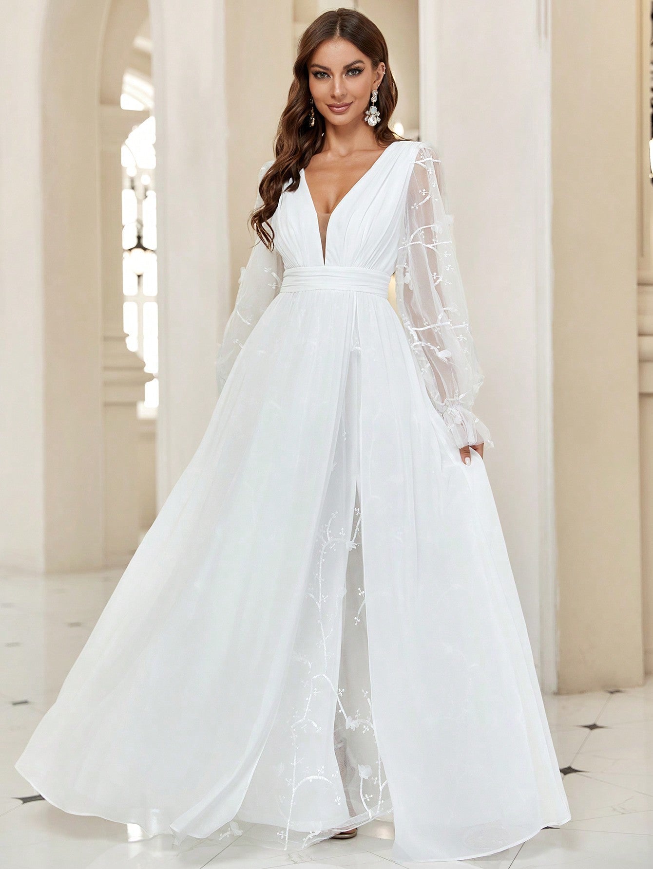 Belle Plunging Neck Flare Sleeve Split Thigh Embroidery Mesh Wedding Dress