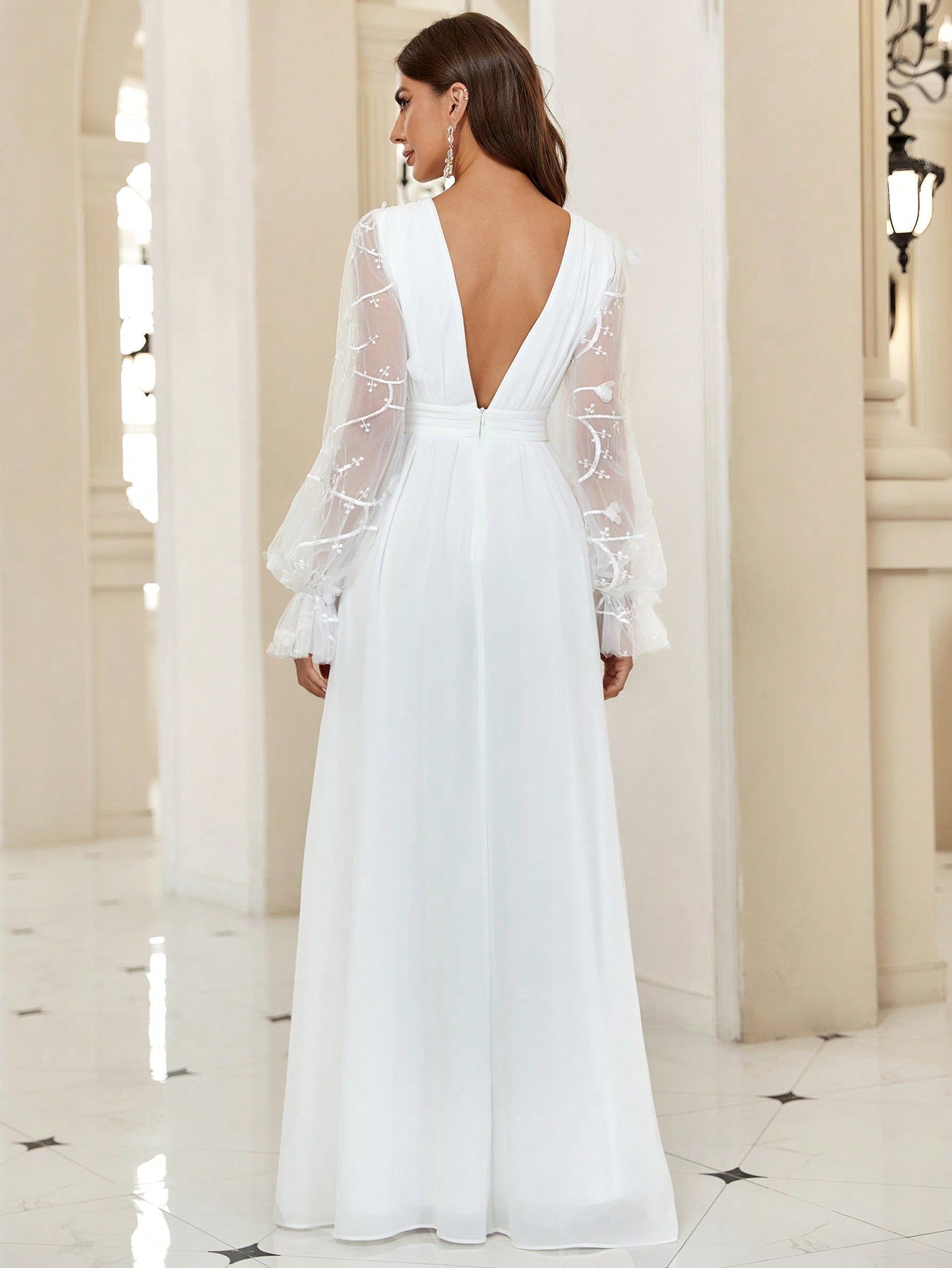 Belle Plunging Neck Flare Sleeve Split Thigh Embroidery Mesh Wedding Dress