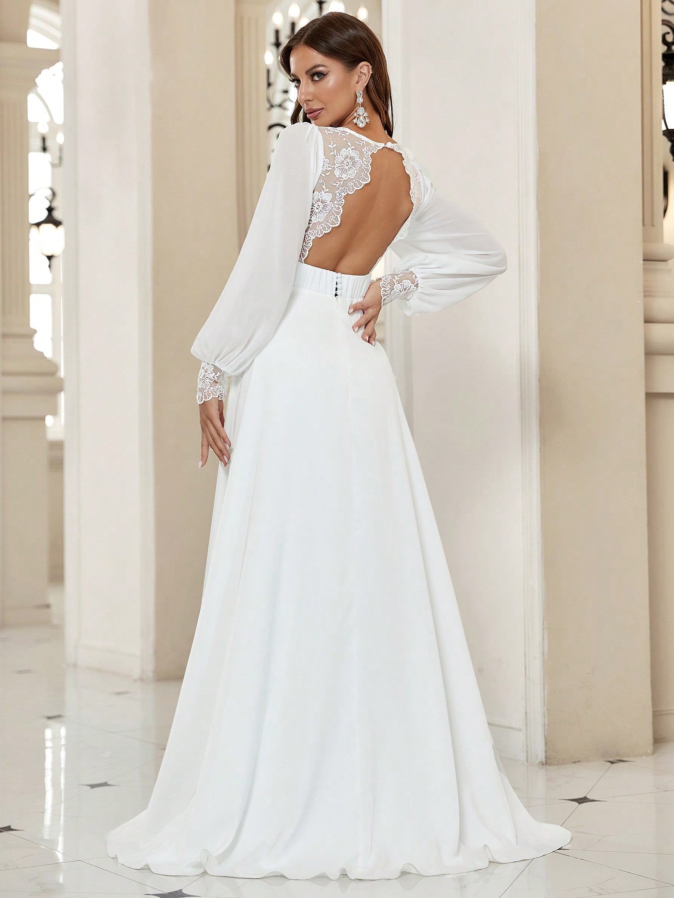 Belle Mesh Insert Lantern Sleeve Floor Length Wedding Dress