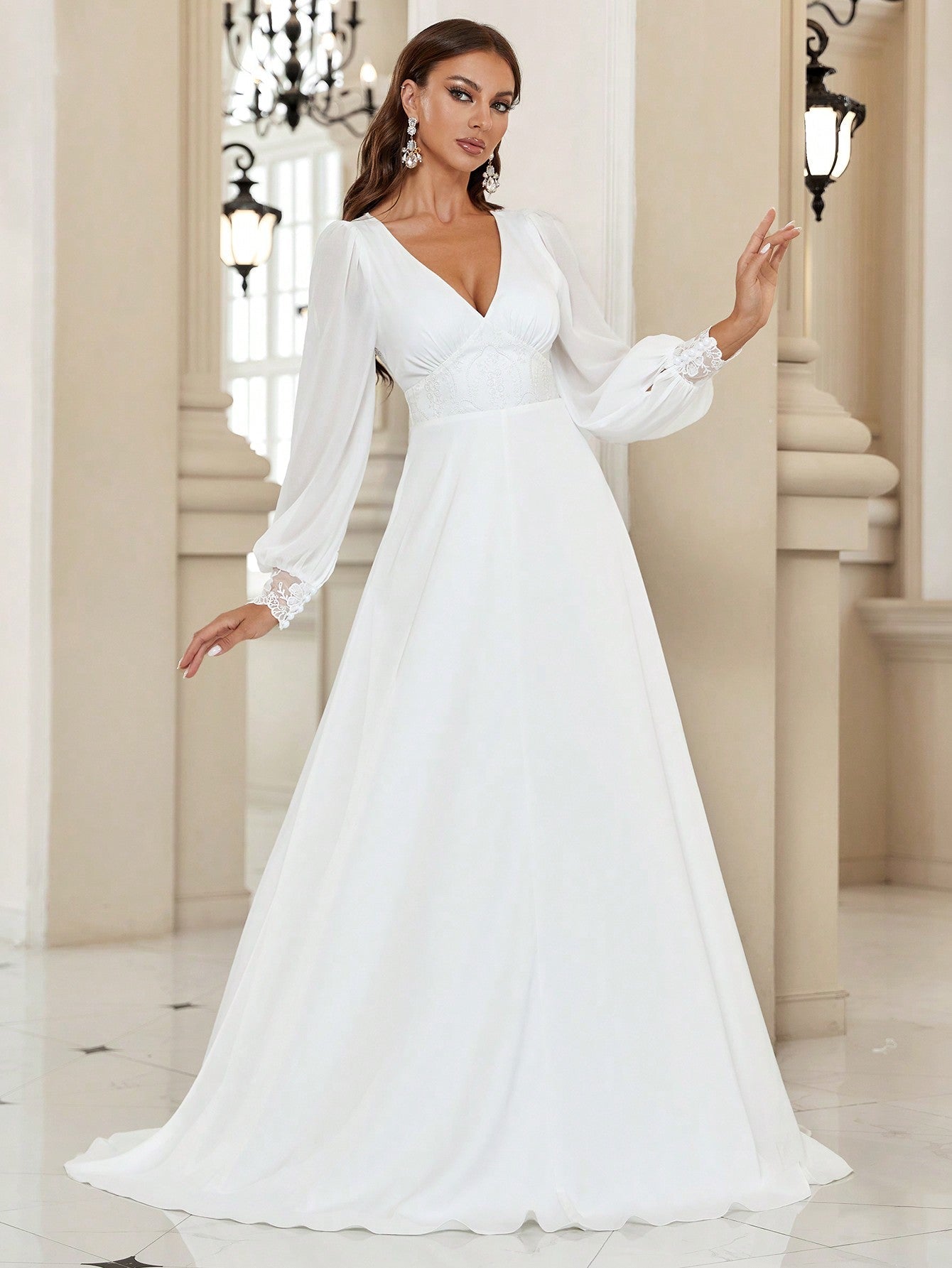 Belle Mesh Insert Lantern Sleeve Floor Length Wedding Dress