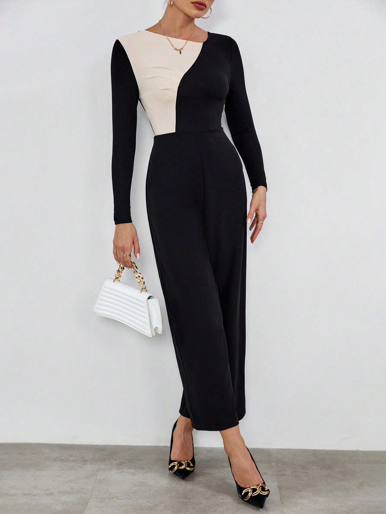 Privé Asymmetric Collar Color Block Long Sleeve Jumpsuit