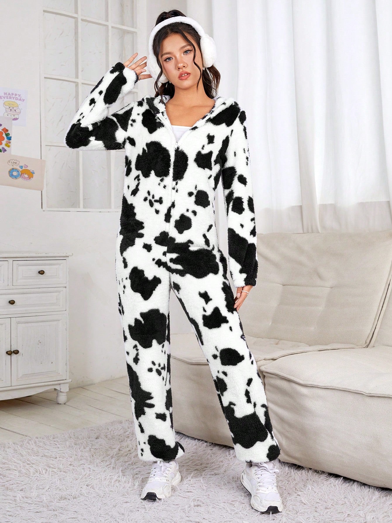 Qutie Cow Pattern 3D Ear Design Hooded Zipper Flannel Jumpsuit