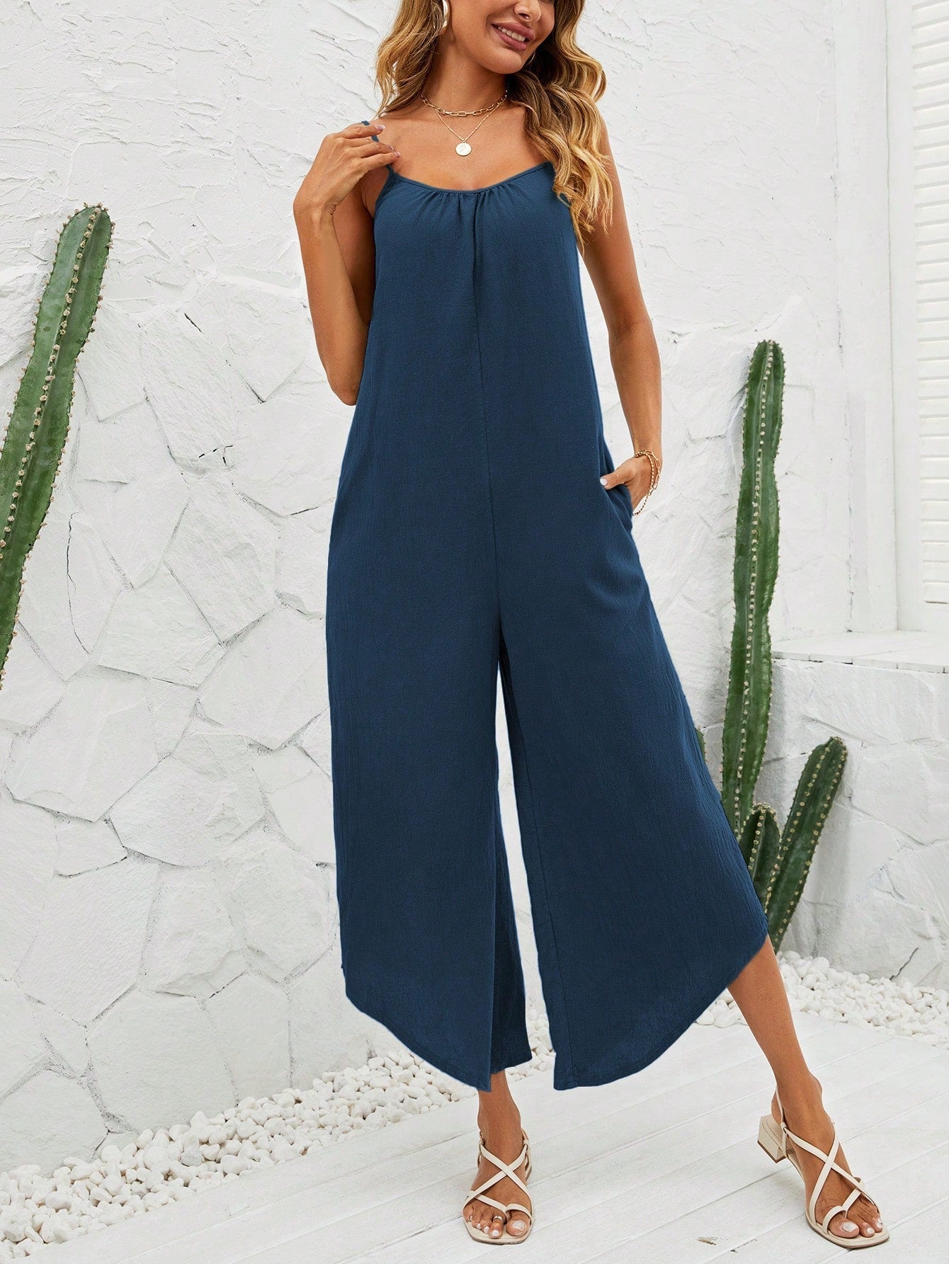 VCAY Solid Wide Leg Cami Jumpsuit