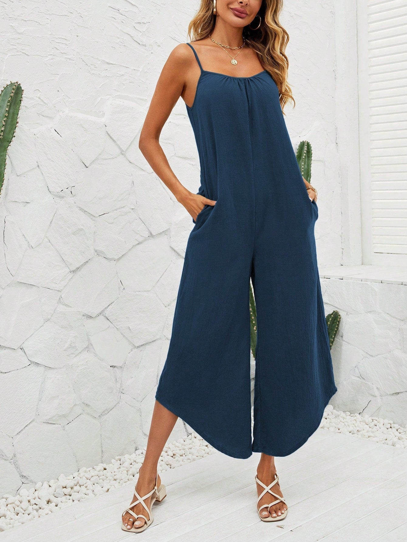 VCAY Striped Print Asymmetrical Hem Cami Jumpsuit