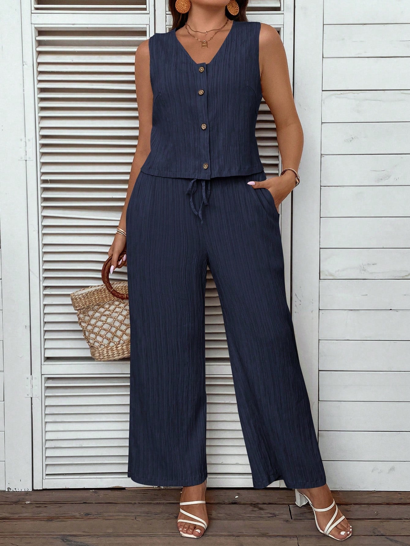 LUNE Plus Button Front Tank Top & Wide Leg Pants