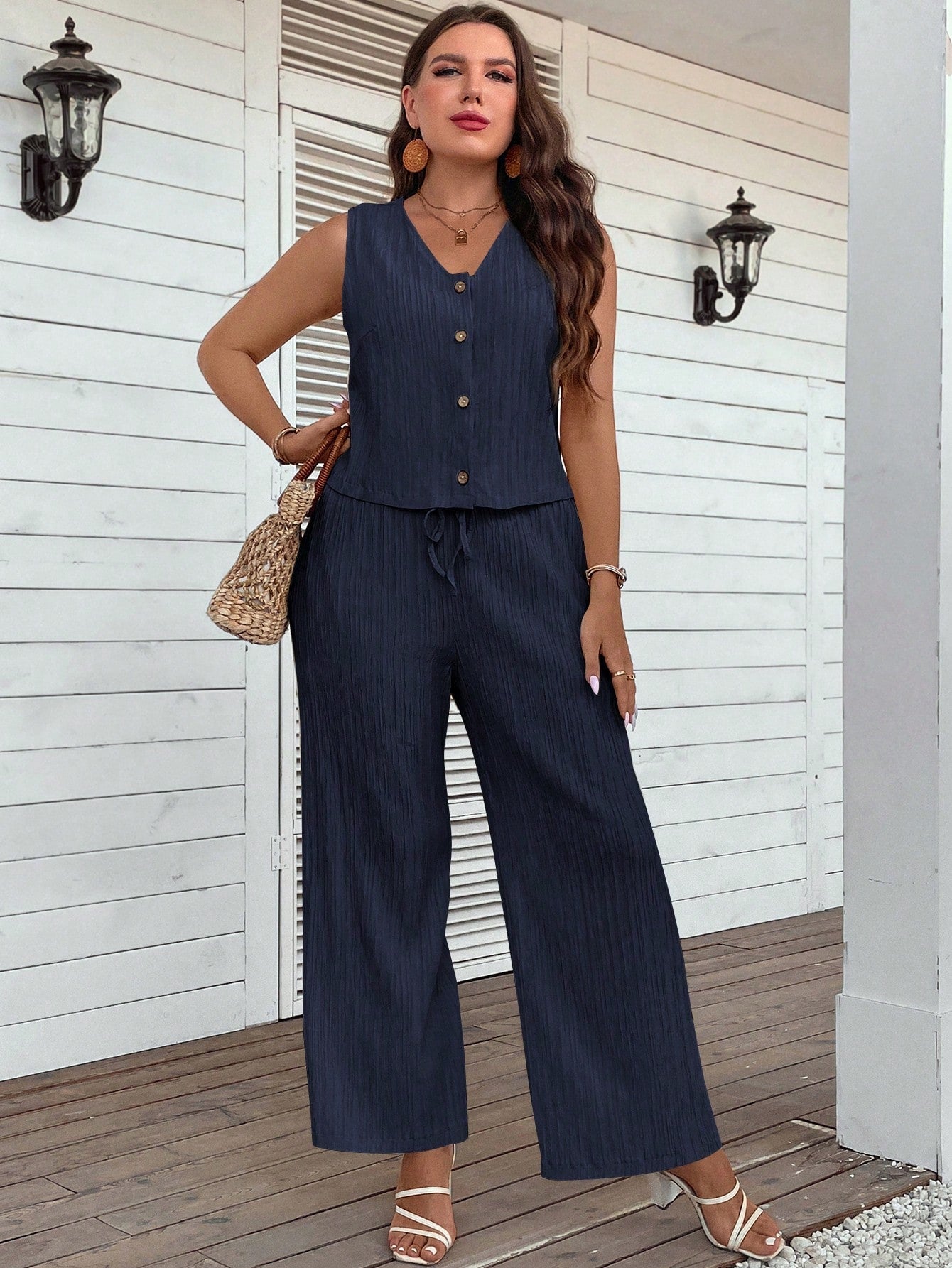 LUNE Plus Button Front Tank Top & Wide Leg Pants