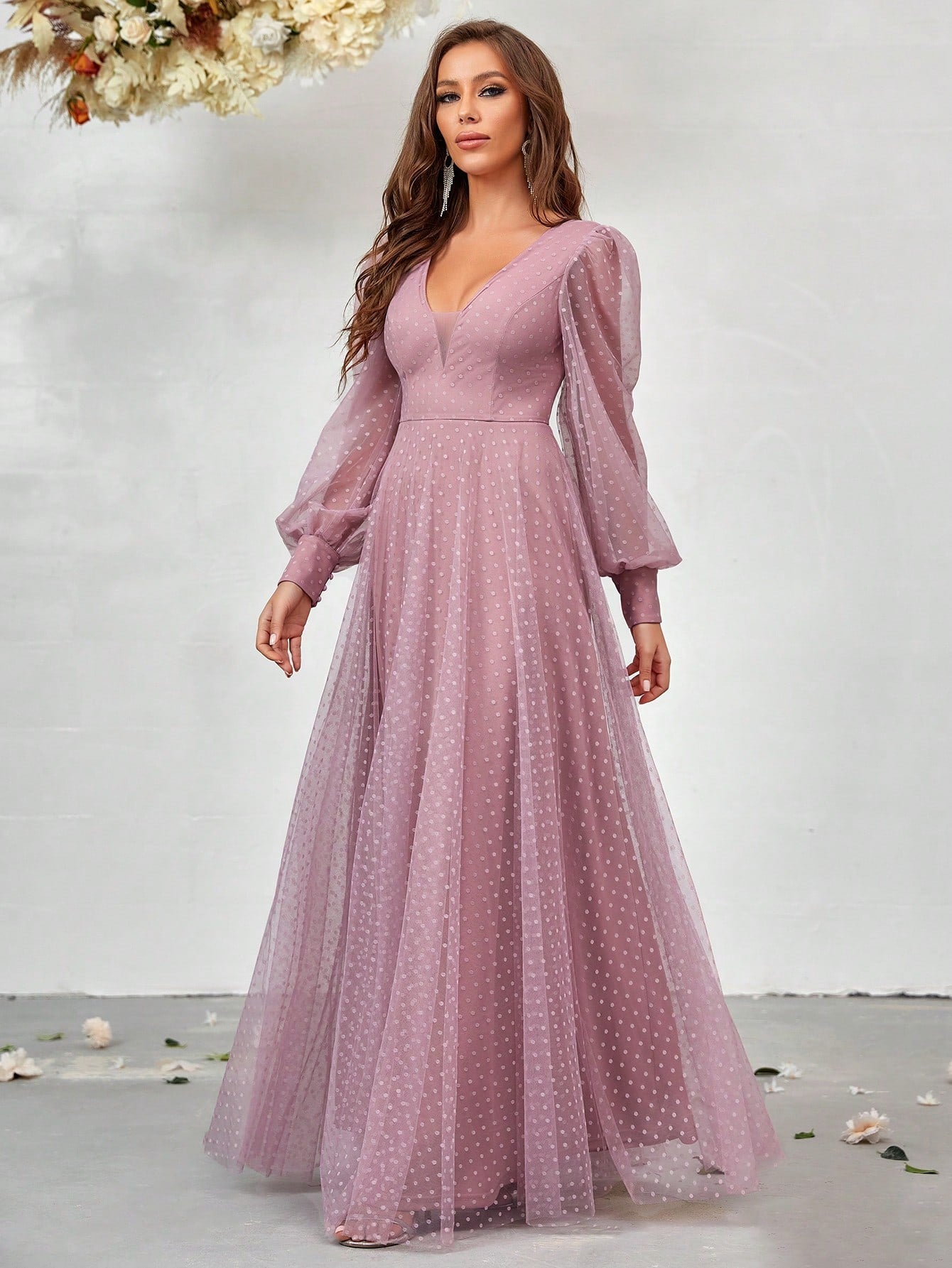 Belle Deep V-Neck Lantern Sleeve Mesh Bridesmaid Dress