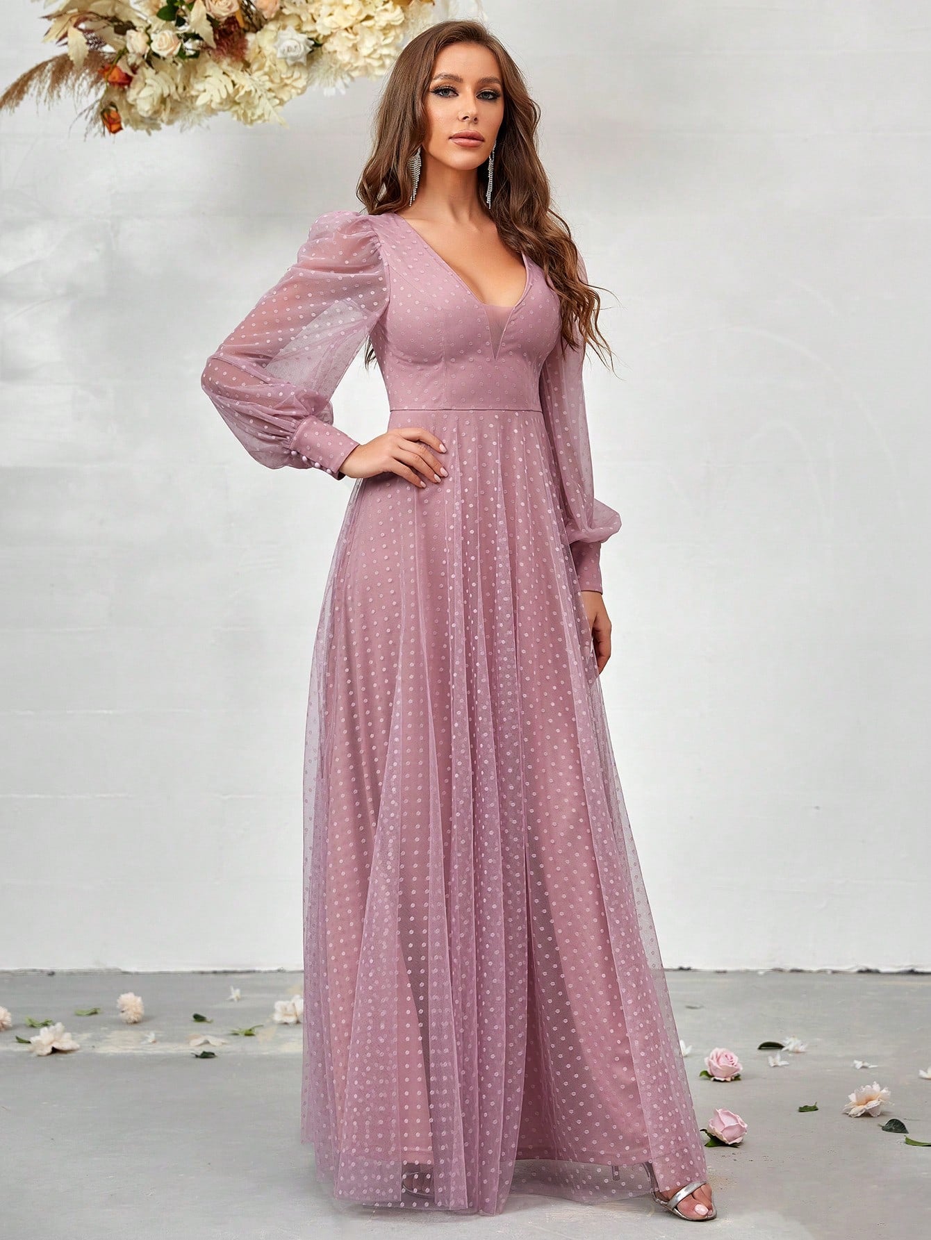 Belle Deep V-Neck Lantern Sleeve Mesh Bridesmaid Dress