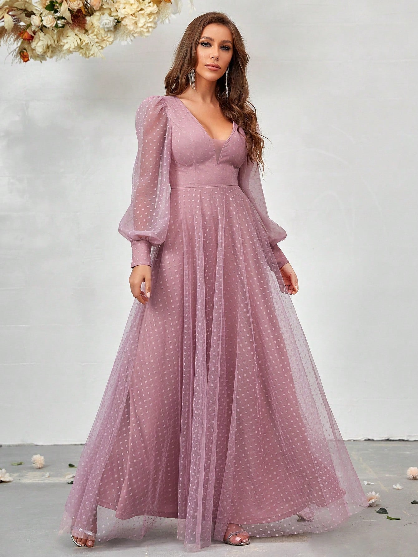 Belle Deep V-Neck Lantern Sleeve Mesh Bridesmaid Dress