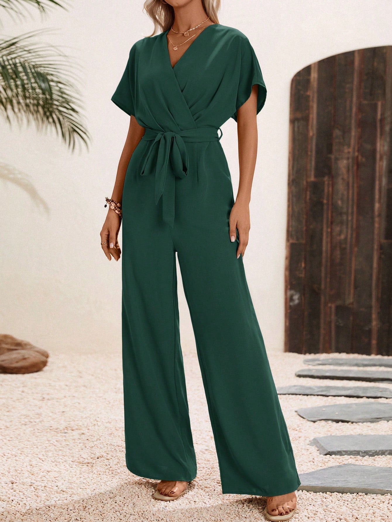 LUNE Solid Belted Wide Leg Wrap Detail Jumpsuit