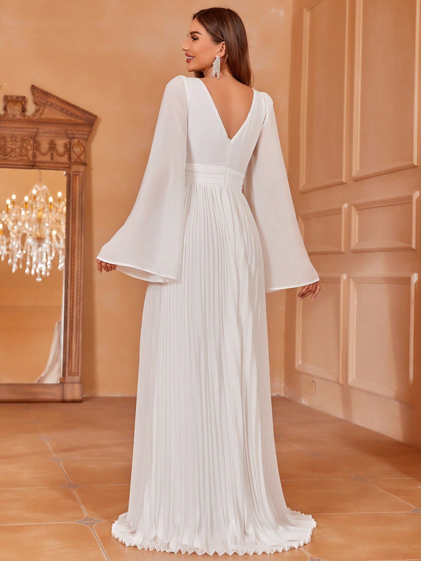 Plunging Neck Trumpet Sleeve Pleated Hem Chiffon Wedding Dress