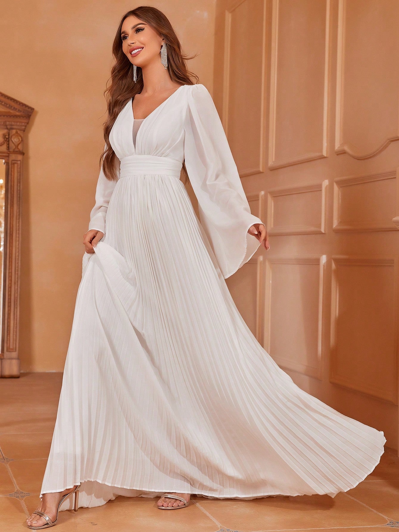 Plunging Neck Trumpet Sleeve Pleated Hem Chiffon Wedding Dress