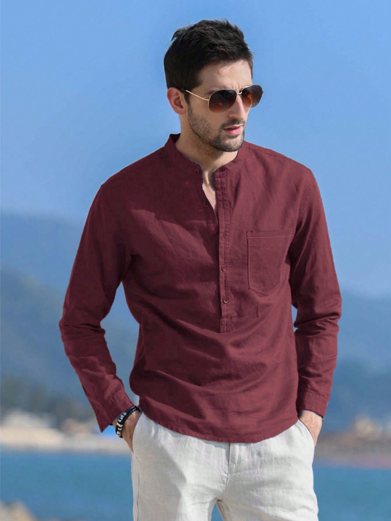 NITAGUT Men Half Button Pocket Patched Shirt