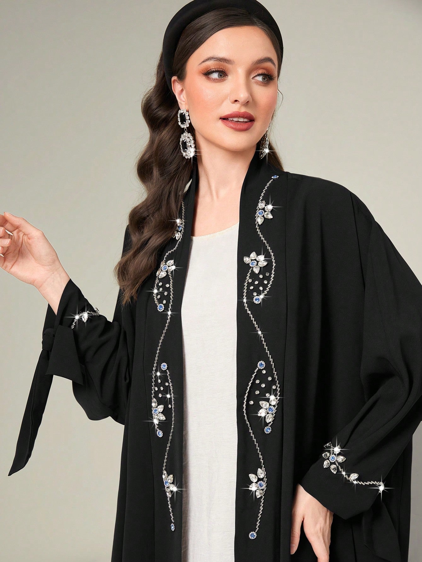 Najma Floral Rhinestone Batwing Sleeve Abaya