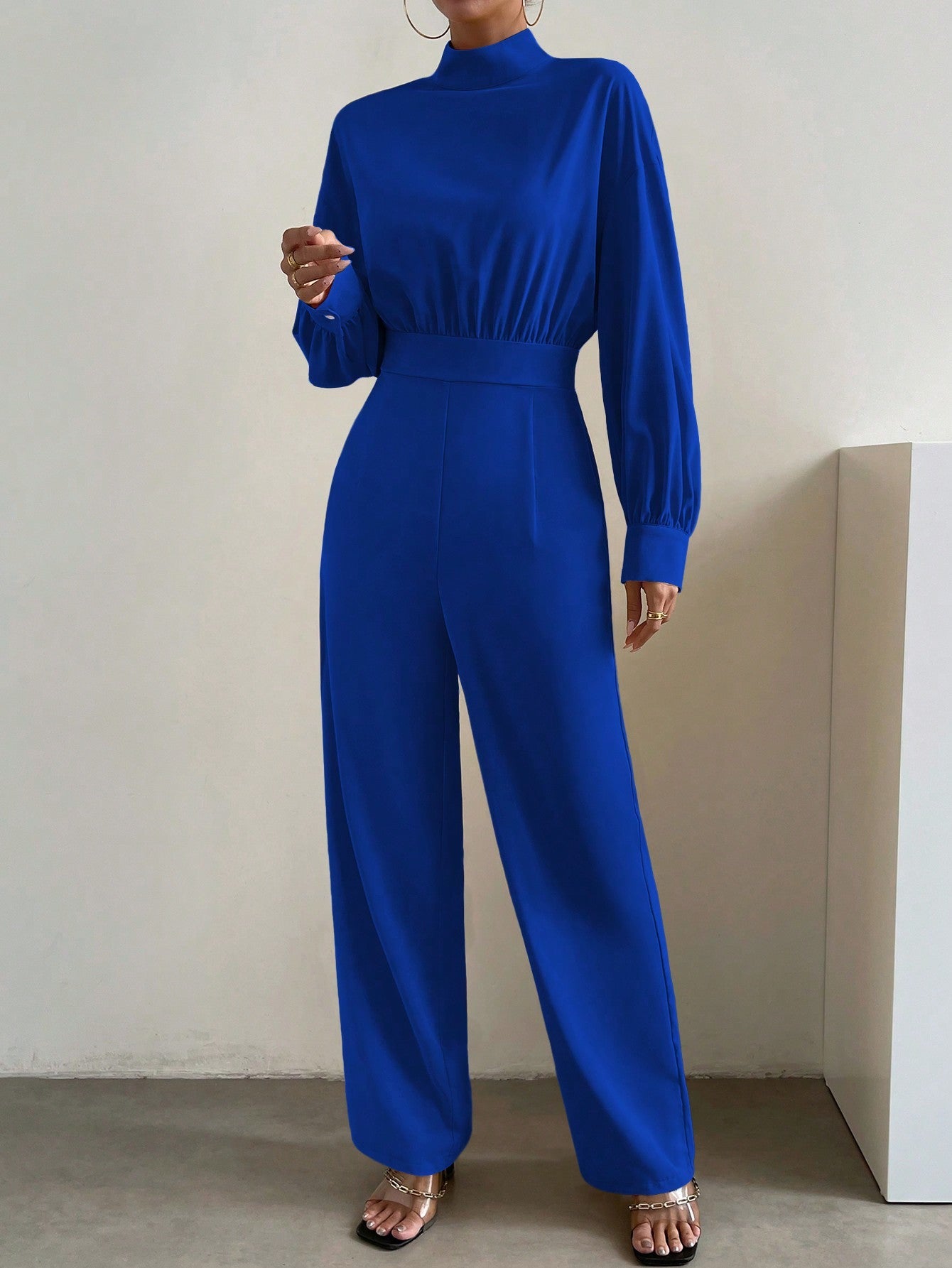 Essnce Mock Neck Lantern Sleeve Wide Leg Jumpsuit