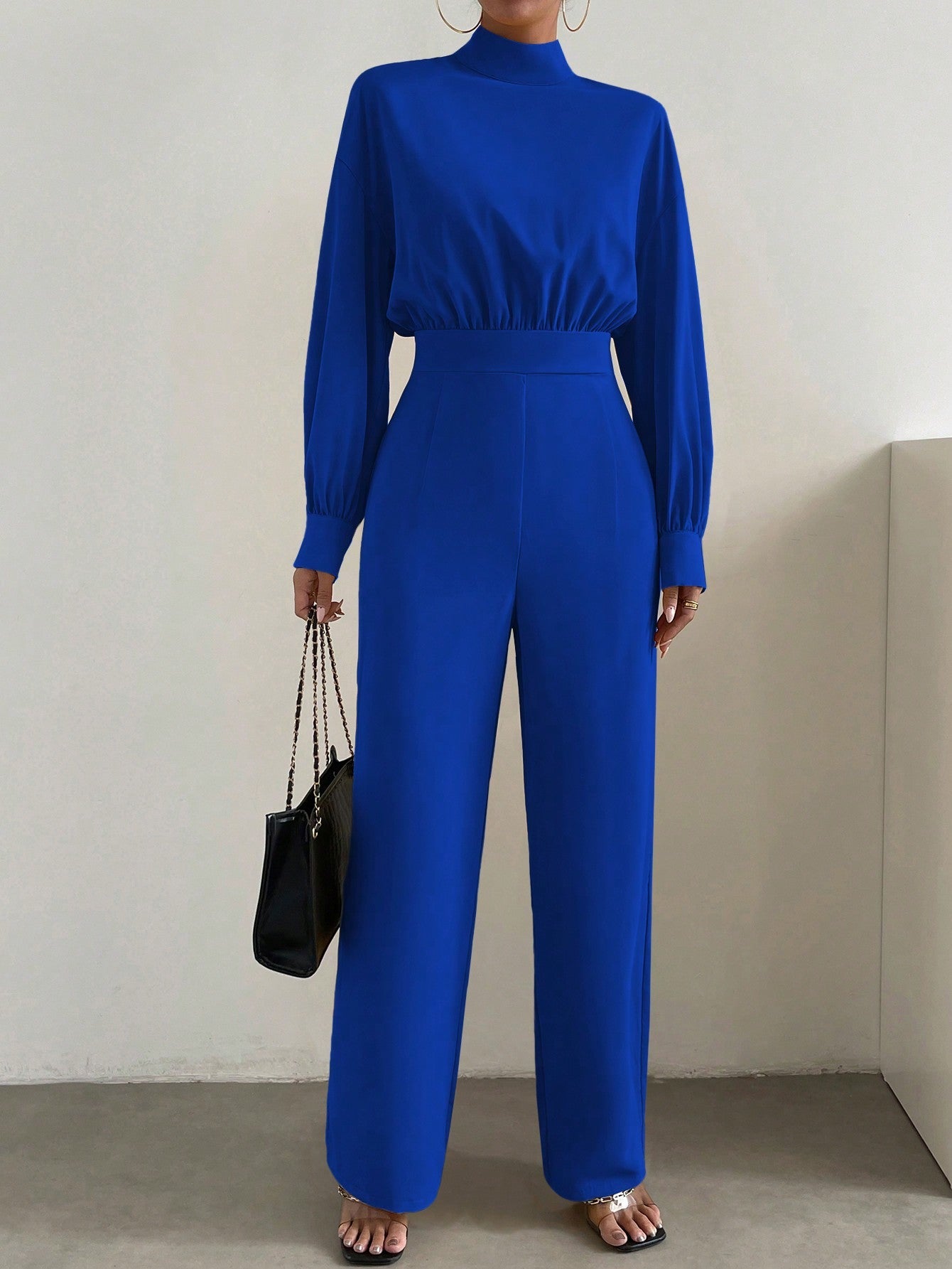 Essnce Mock Neck Lantern Sleeve Wide Leg Jumpsuit