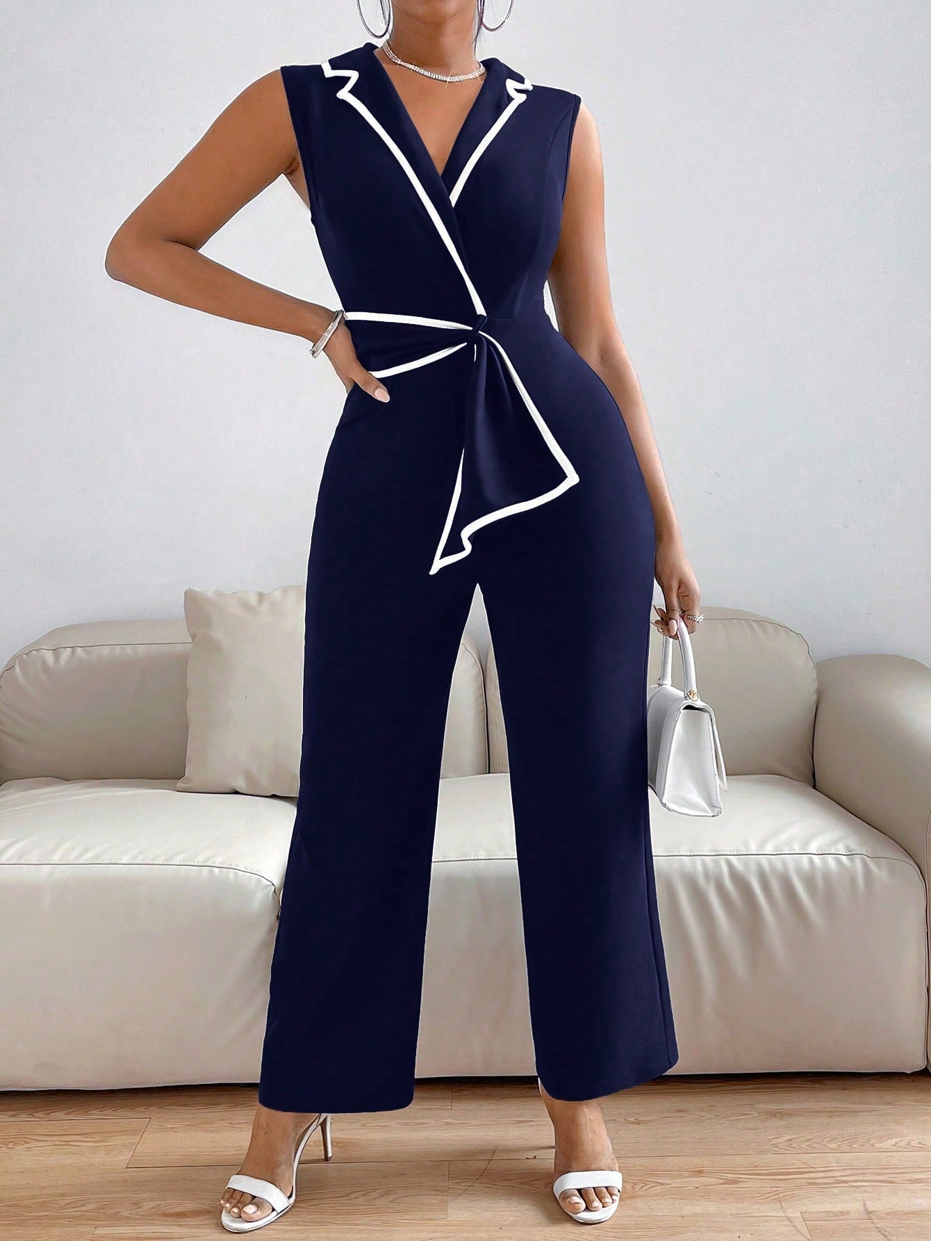 Privé Lapel Collar Contrast Binding Jumpsuit