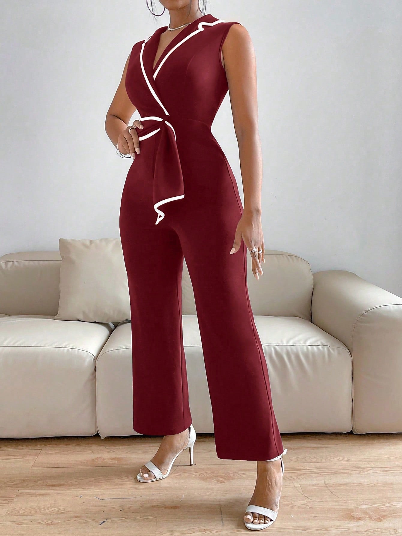 Privé Lapel Collar Contrast Binding Jumpsuit