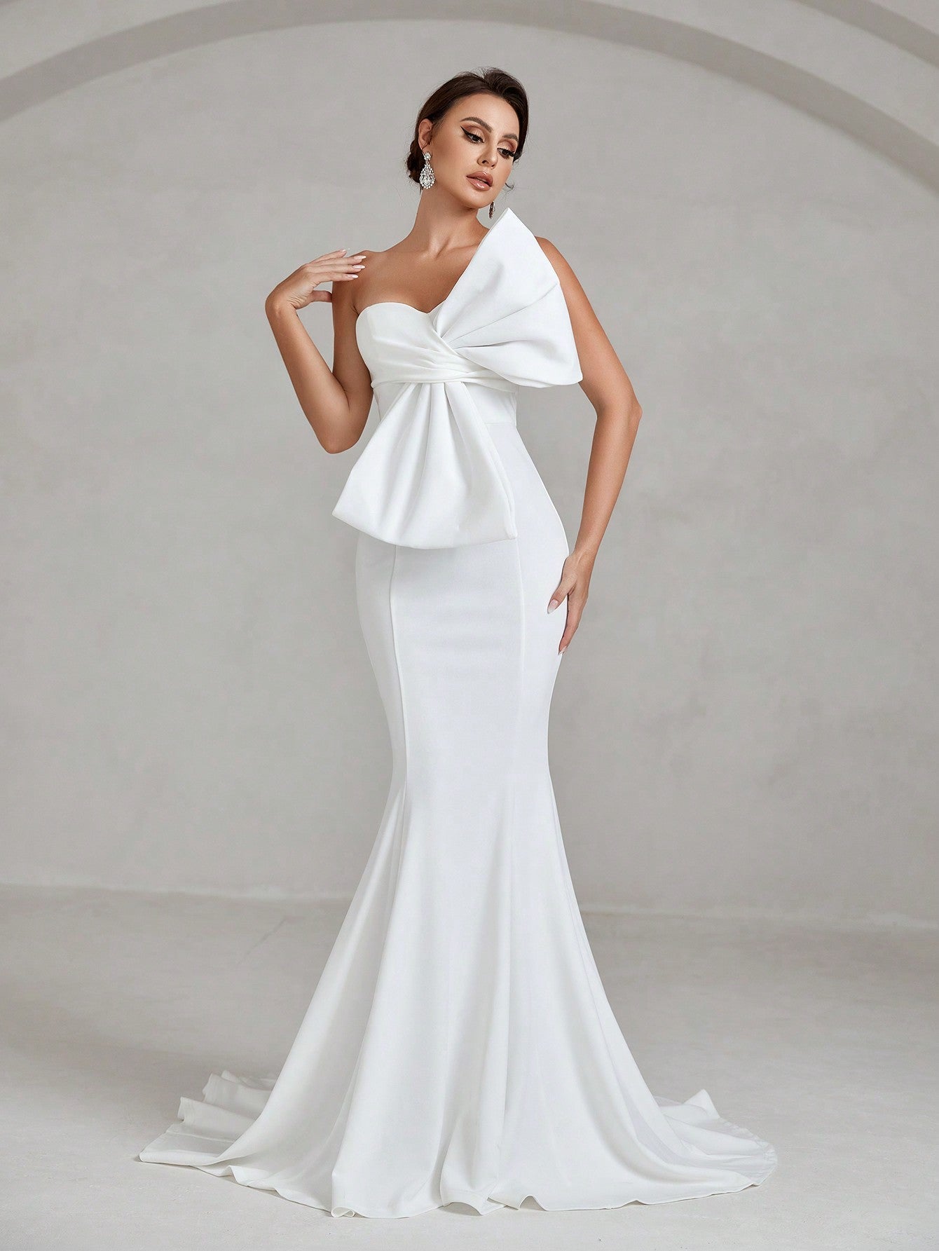 One Shoulder Twist Front Floor Length Wedding Dress