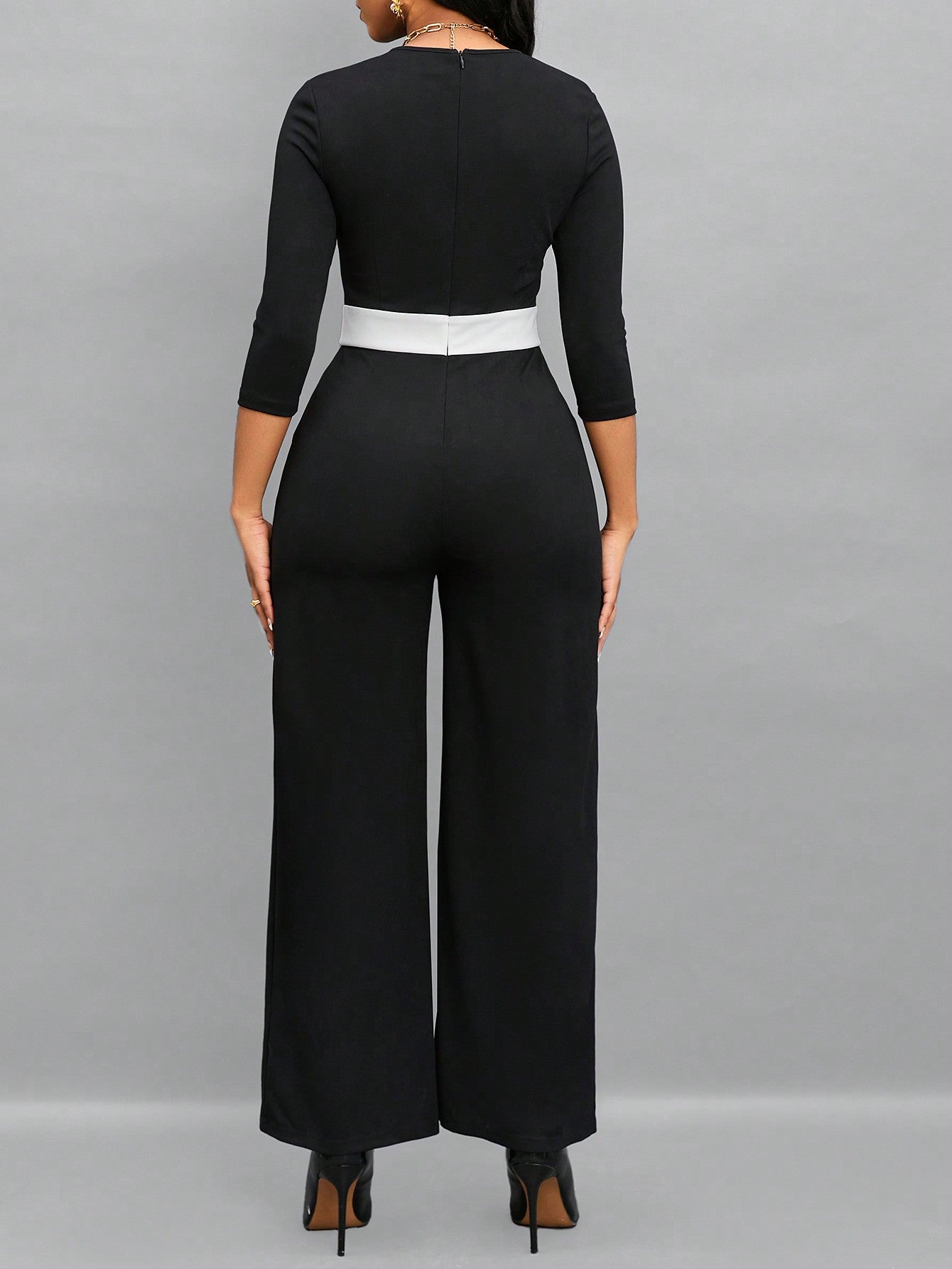 Lady Contrast Panel Slant Pocket Wide Leg Jumpsuit