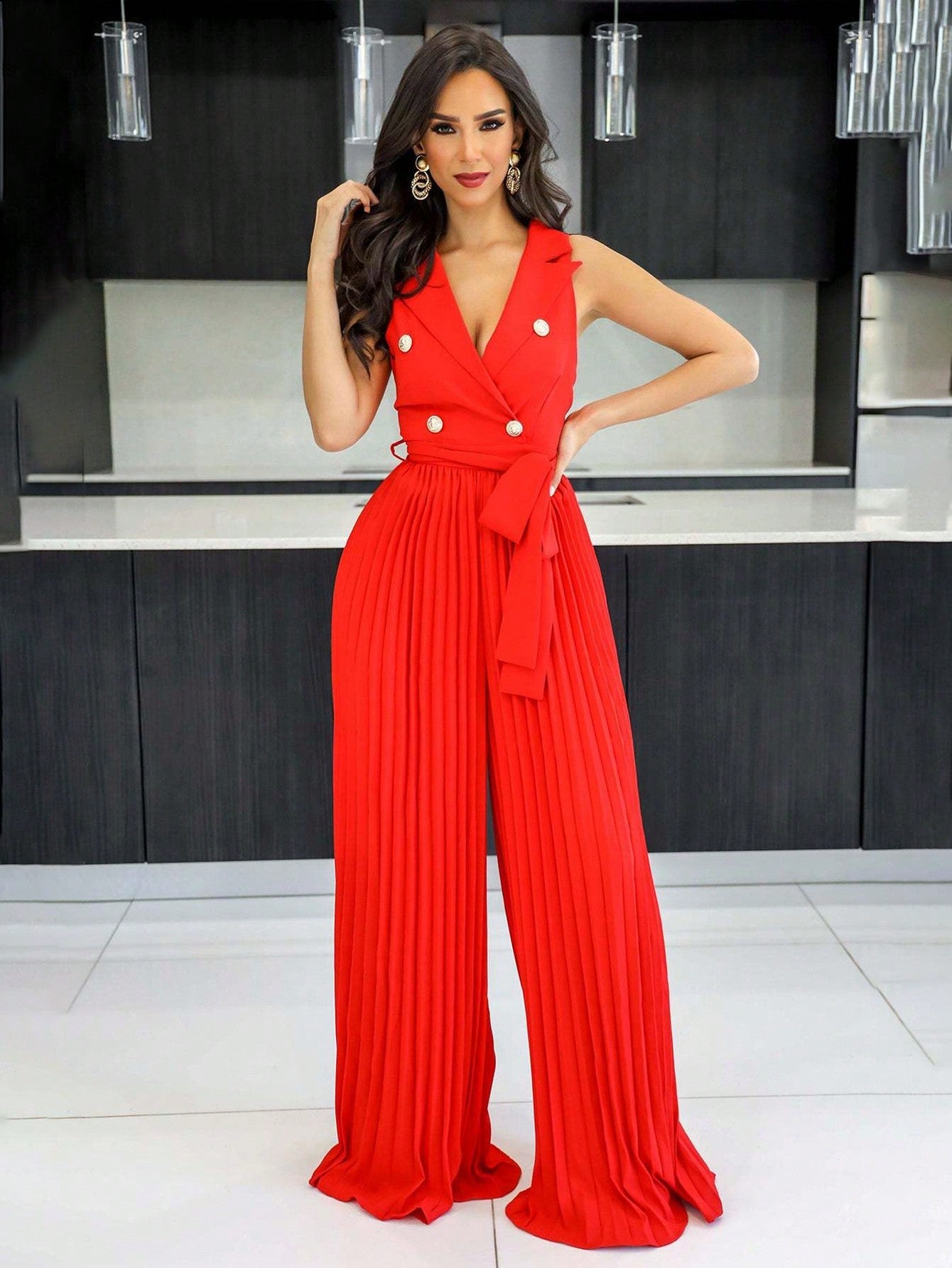 Double Button Belted Pleated Jumpsuit