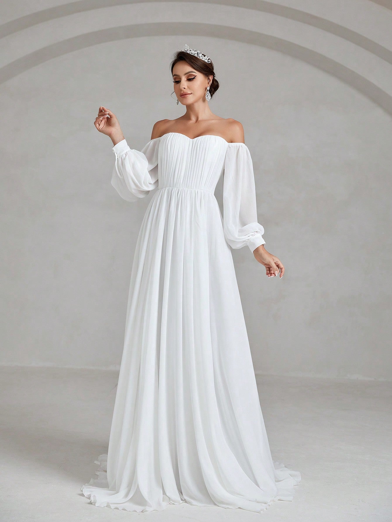 Off Shoulder Frill Trim Lantern Sleeve Chiffon Wedding Dress