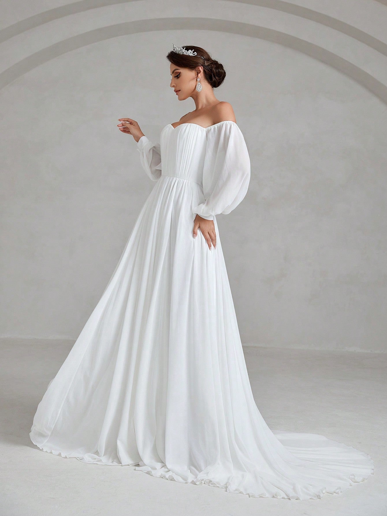 Off Shoulder Frill Trim Lantern Sleeve Chiffon Wedding Dress