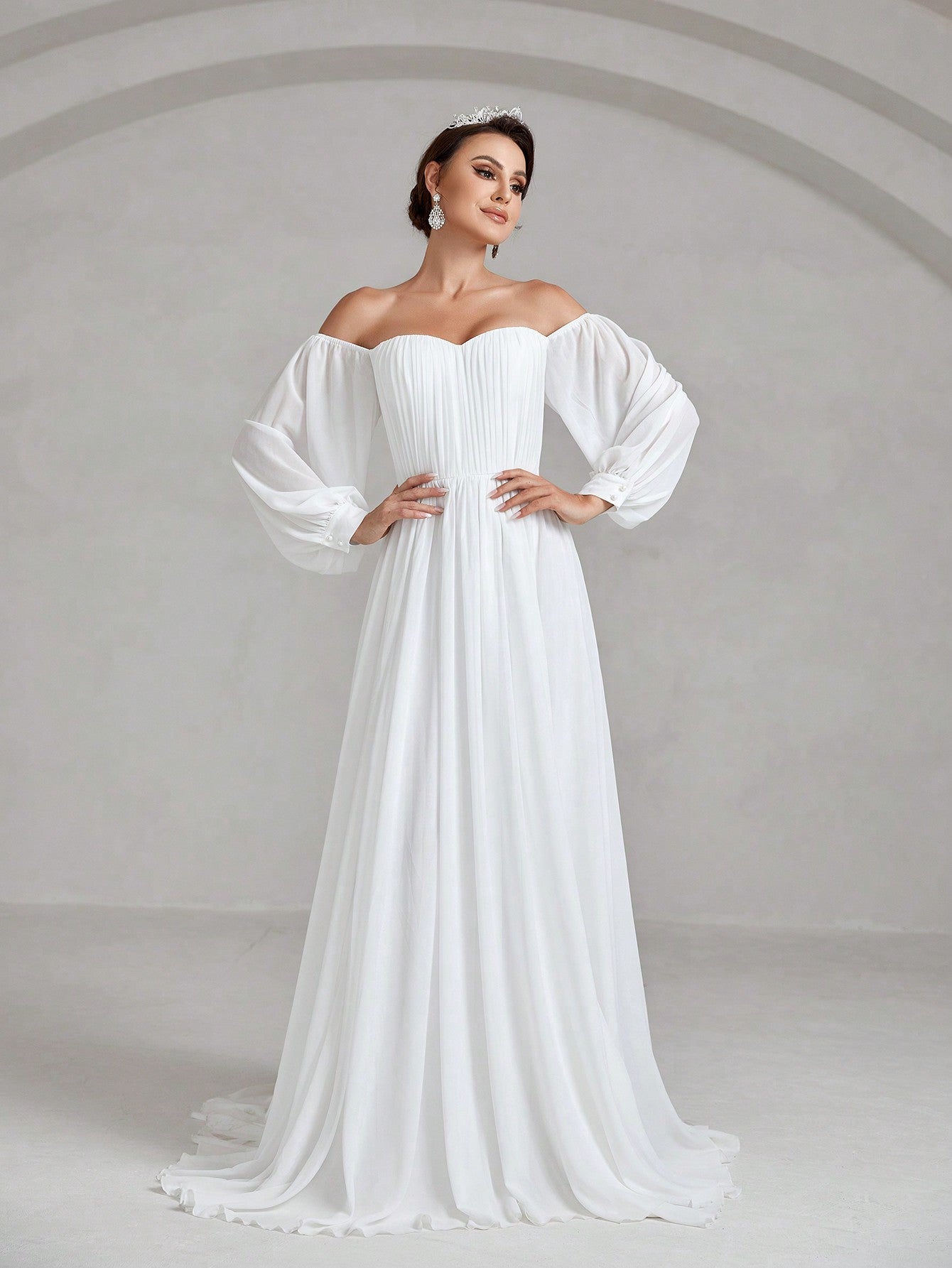 Off Shoulder Frill Trim Lantern Sleeve Chiffon Wedding Dress