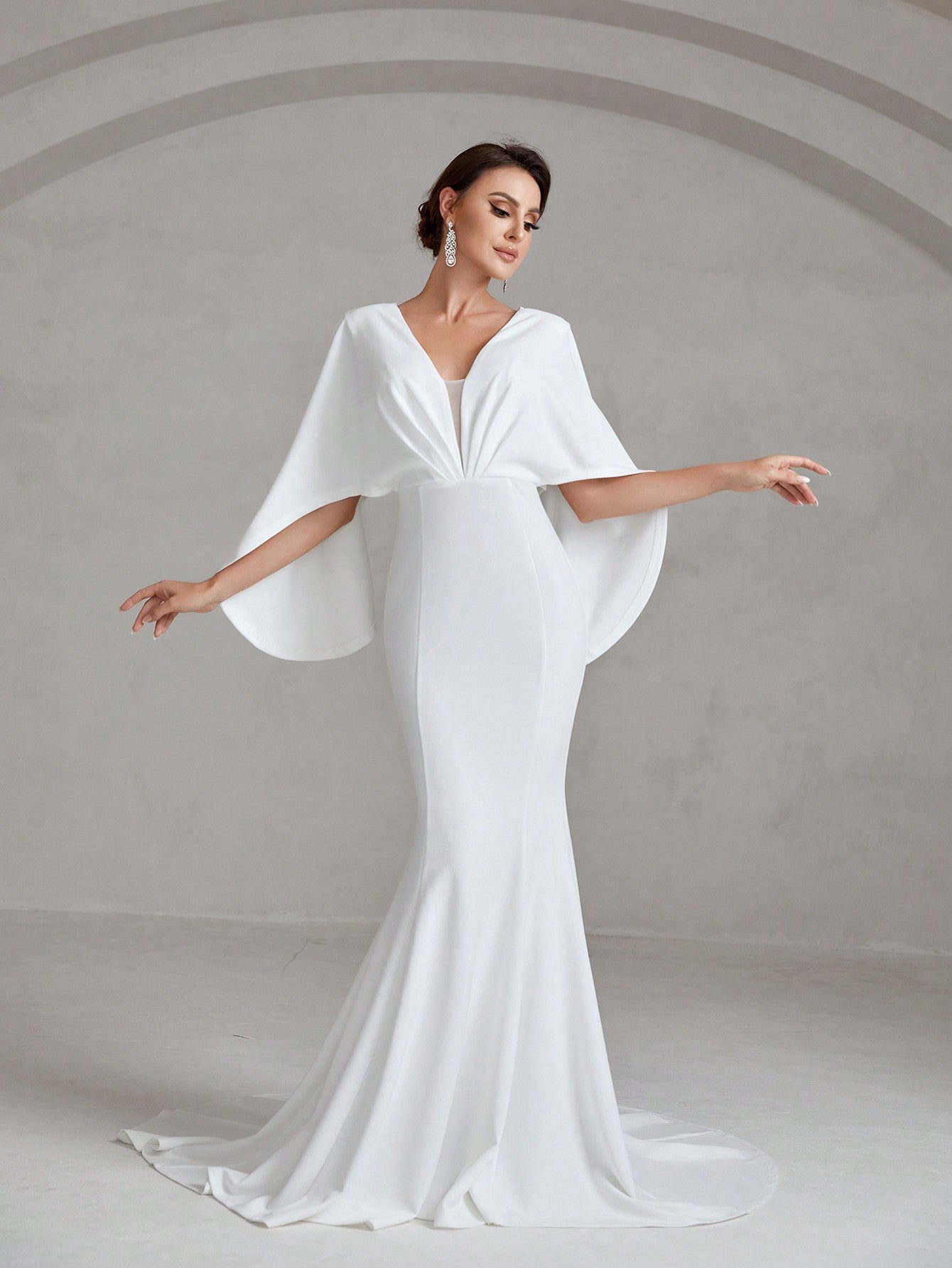 Solid Plunging Neck Cloak Sleeve Mermaid Hem Wedding Dress