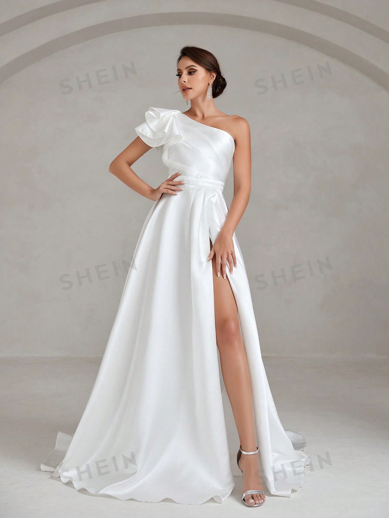 One Shoulder Ruffle Trim Split Thigh Satin Wedding Dress