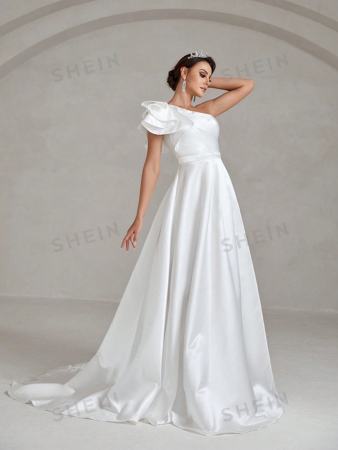 One Shoulder Ruffle Trim Split Thigh Satin Wedding Dress