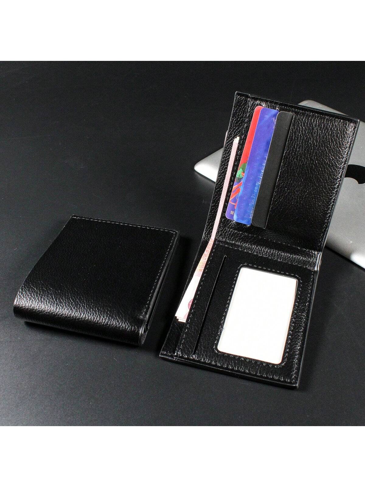 1pc Men's Black Pu Leather Multifunctional Short Wallet, With Fashionable Litchi Pattern, Anti-theft Brush Wallet