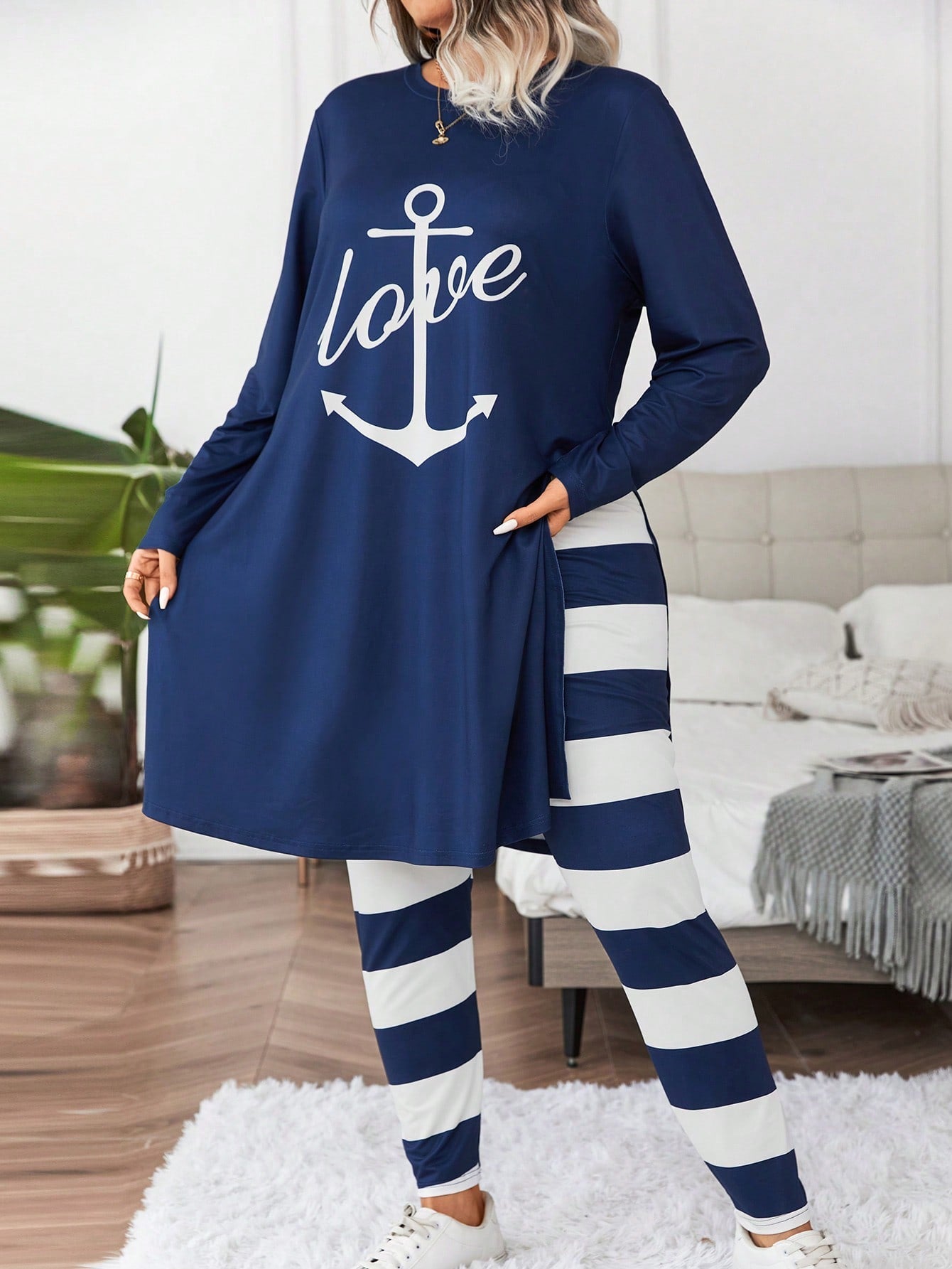 Essnce Plus Anchor & Letter Graphic Split Hem Tee & Striped Leggings