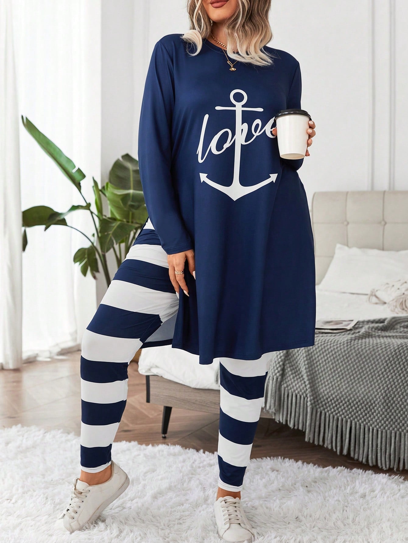 Essnce Plus Anchor & Letter Graphic Split Hem Tee & Striped Leggings